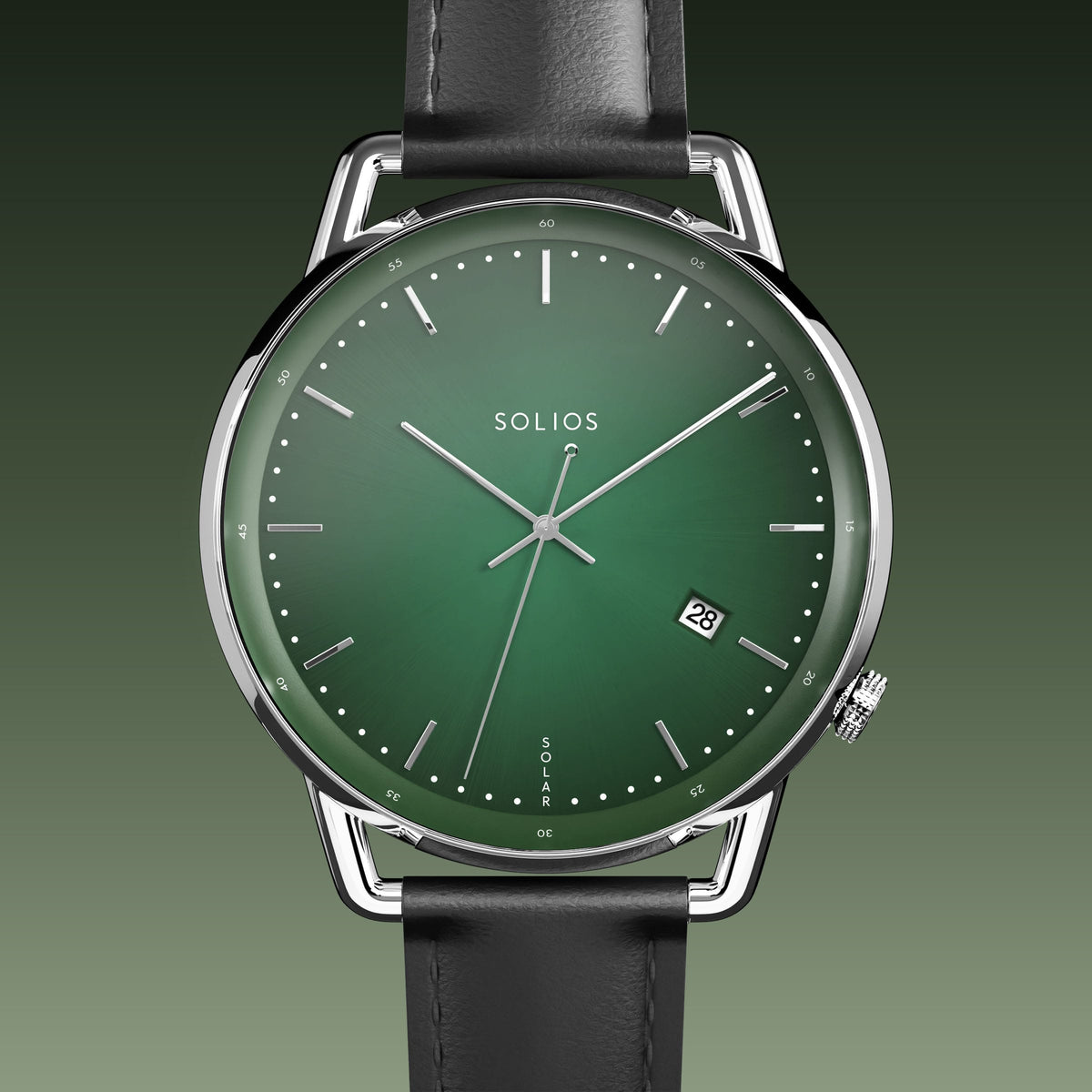 Solios Solar Curve solar watch, green dial and silver 40mm case, black eco vegan leather strap, close up front view