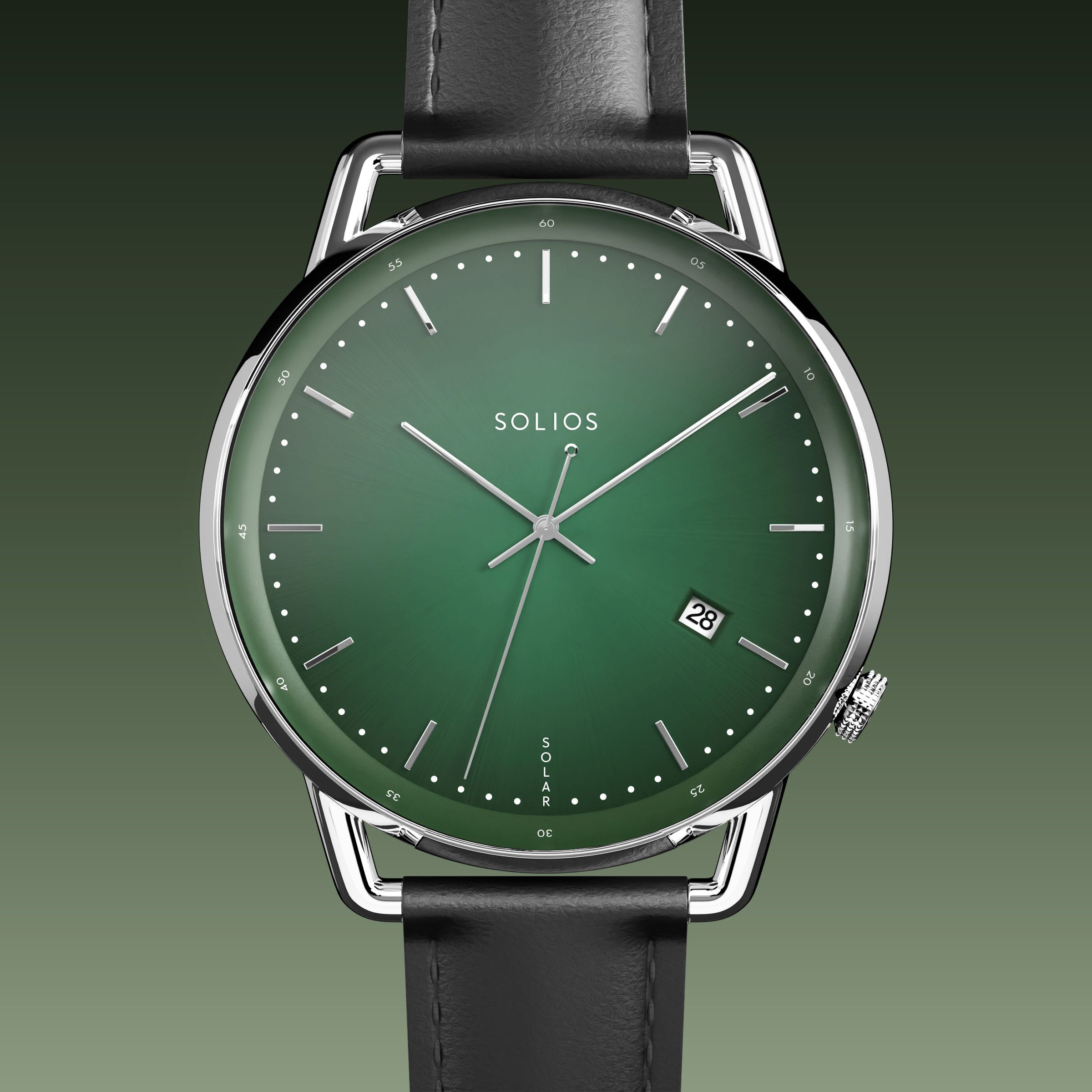 Solios Solar Curve solar watch, green dial and silver 40mm case, black eco vegan leather strap, close up front view