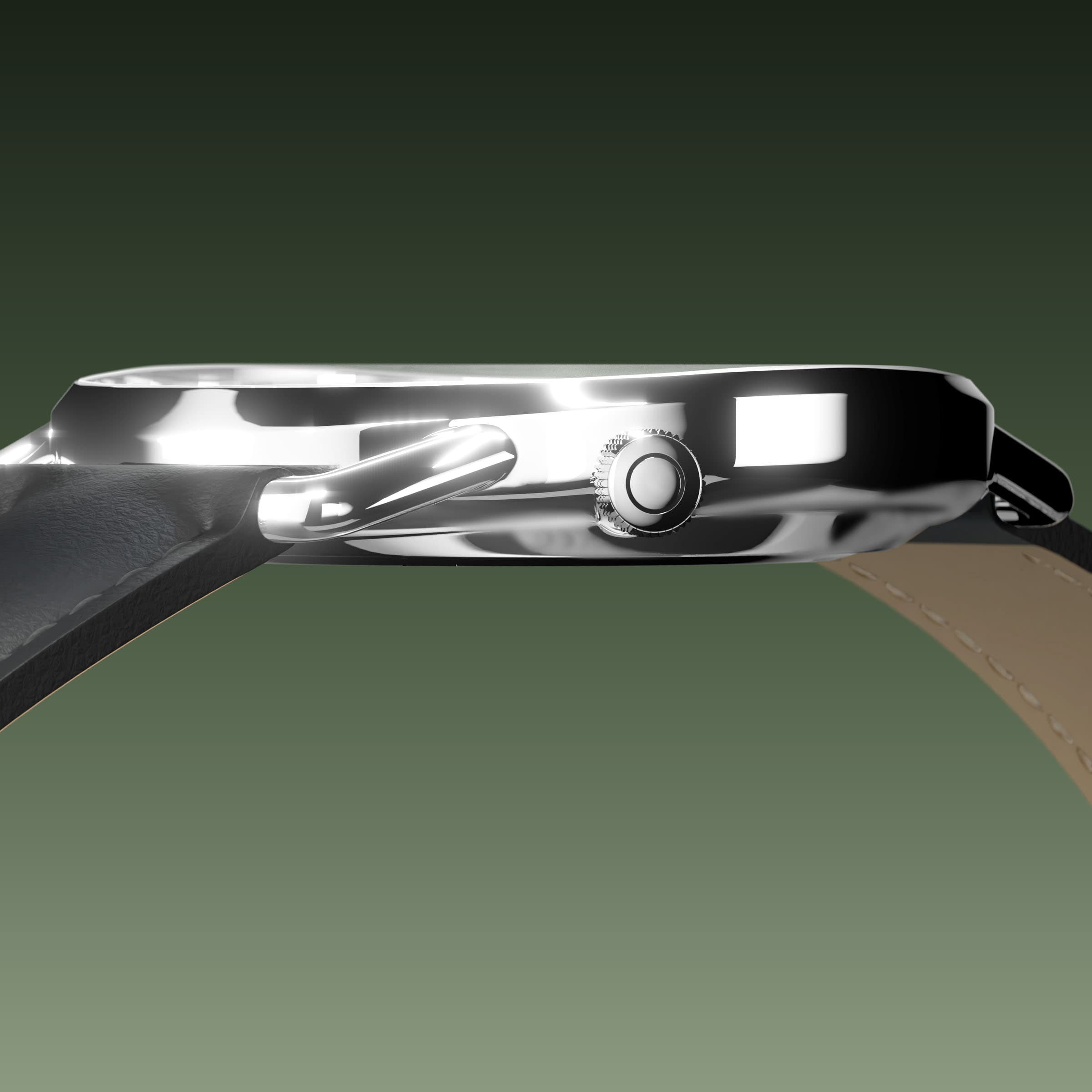 Side profile of the slim Solios Solar Curve, 10mm-thin silver case and crown, the green dial variation, black eco vegan leather strap