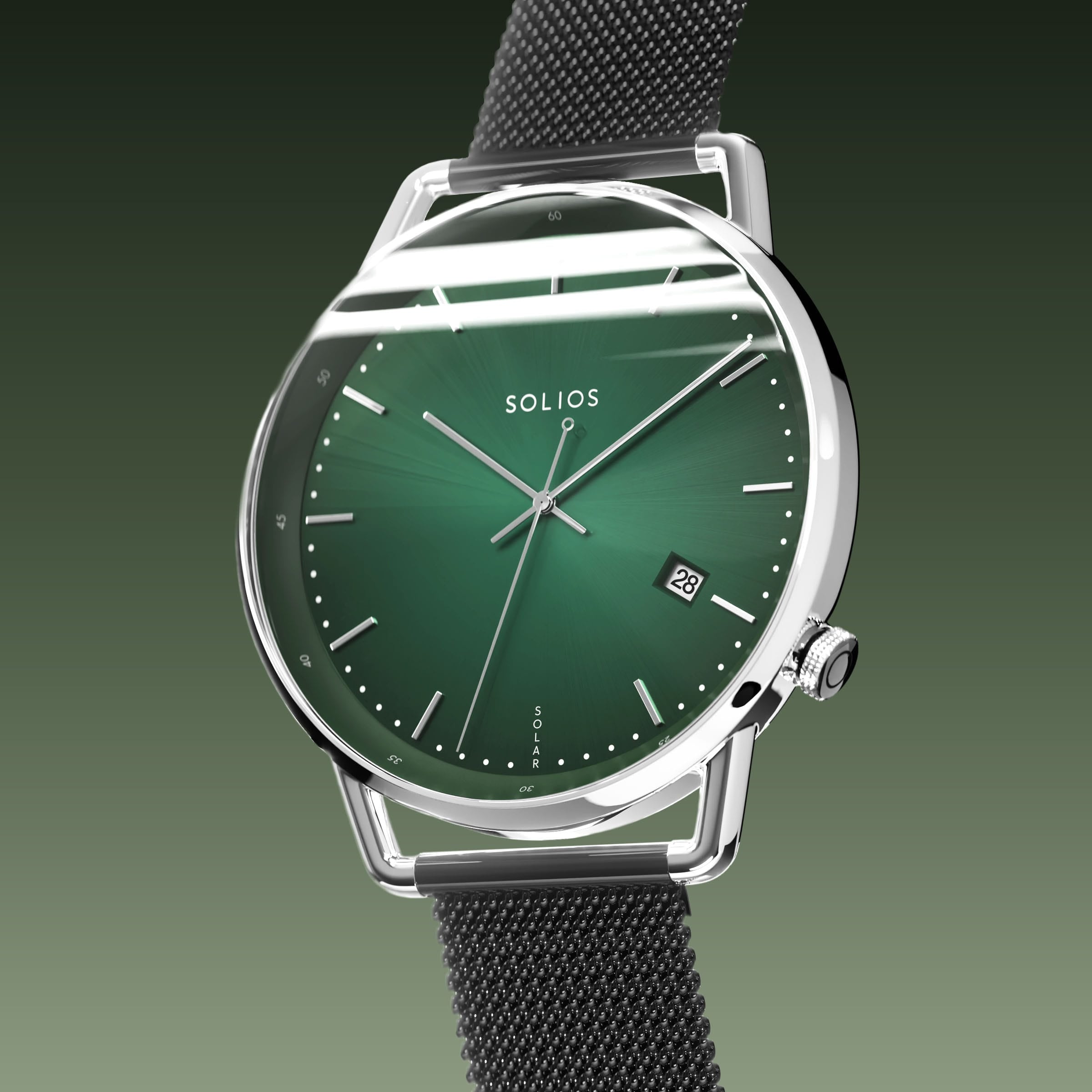 Solios Solar Curve, green dial and silver case, at a three-quarter angle, silver hands and indices, date calendar, curved sapphire crystal, black mesh metal strap