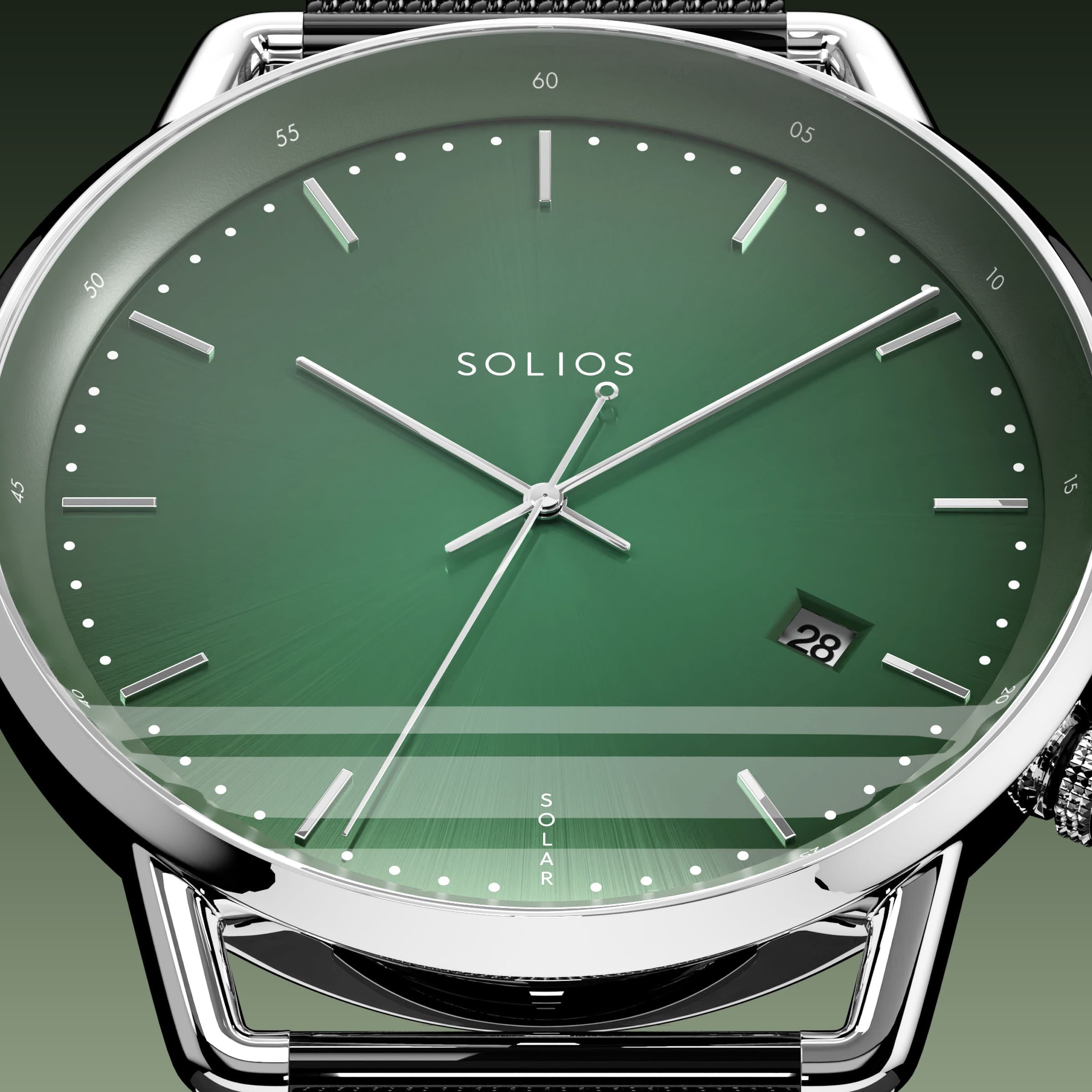 Close-up of the Solios Solar Curve green dial with silver hands and case, date and SOLAR text, black mesh metal strap