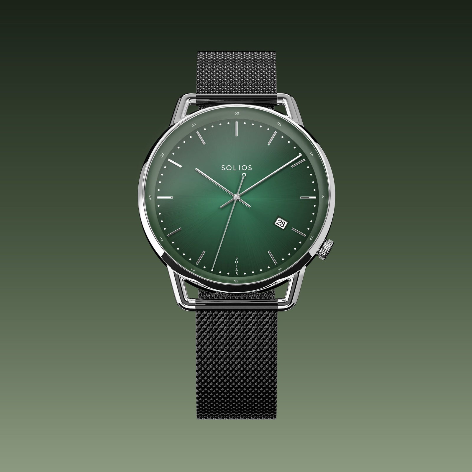 Solios Solar Curve watch, green dial and silver 40mm case, on a black mesh metal strap, front view