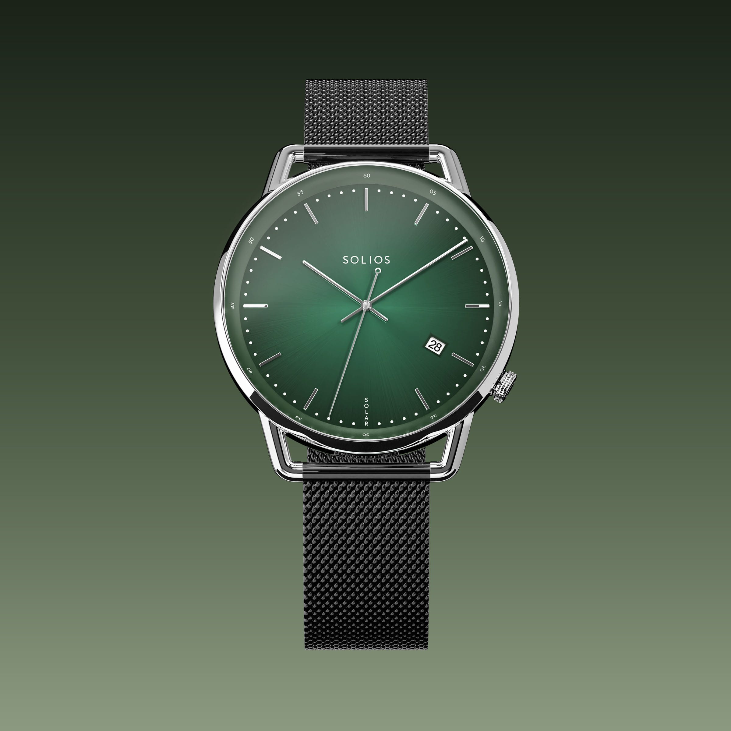 Solios Solar Curve watch, green dial and silver 40mm case, on a black mesh metal strap, front view