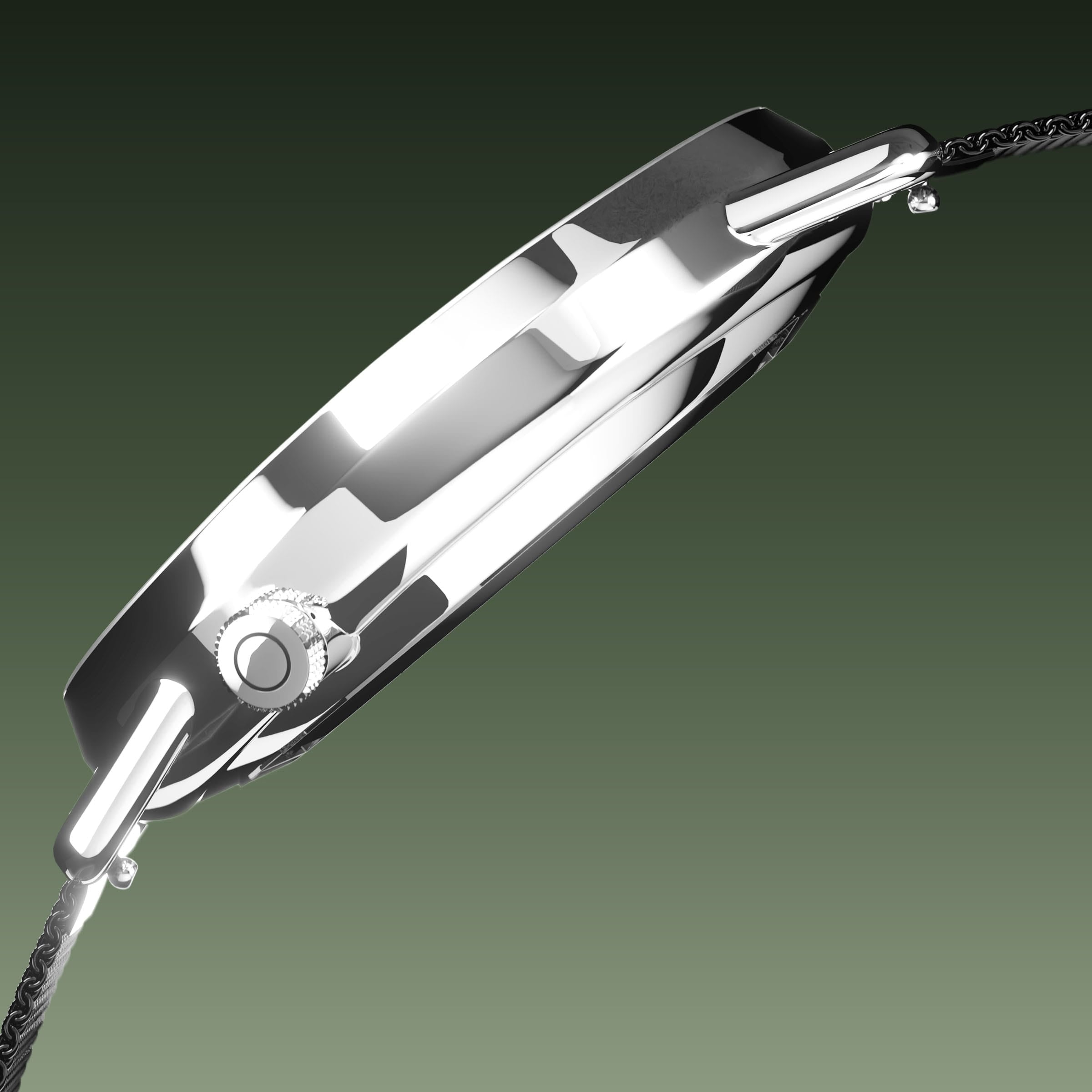 Side profile of the Solios Solar Curve, green dial and silver case, showing its curved sapphire crystal and crown, black mesh metal strap
