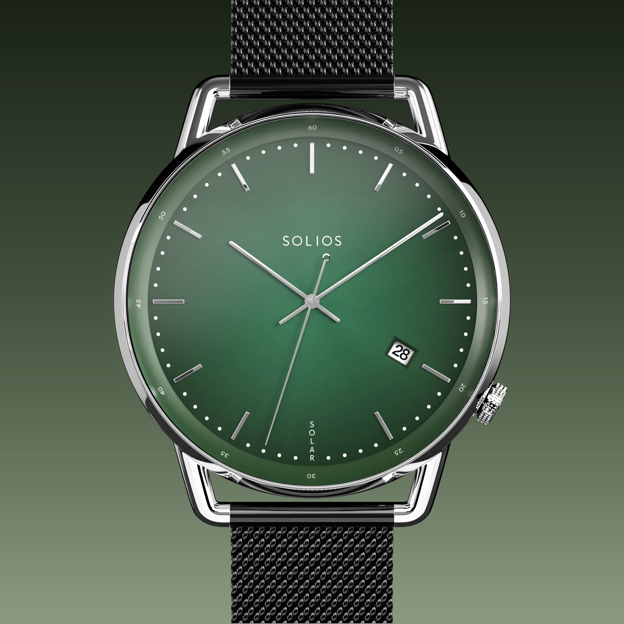 Solios Solar Curve solar watch, green dial and silver 40mm case, black mesh metal strap, close up front view