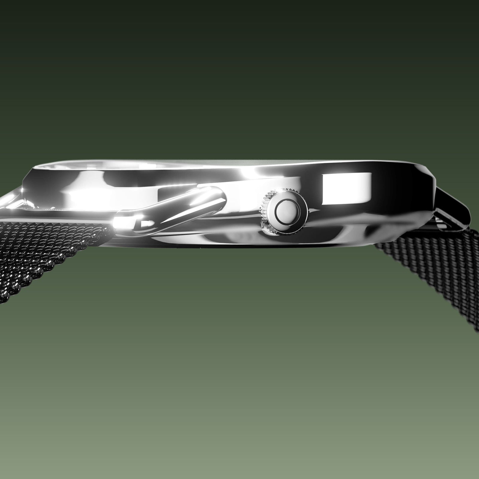 Side profile of the slim Solios Solar Curve, 10mm-thin silver case and crown, the green dial variation, black mesh metal strap