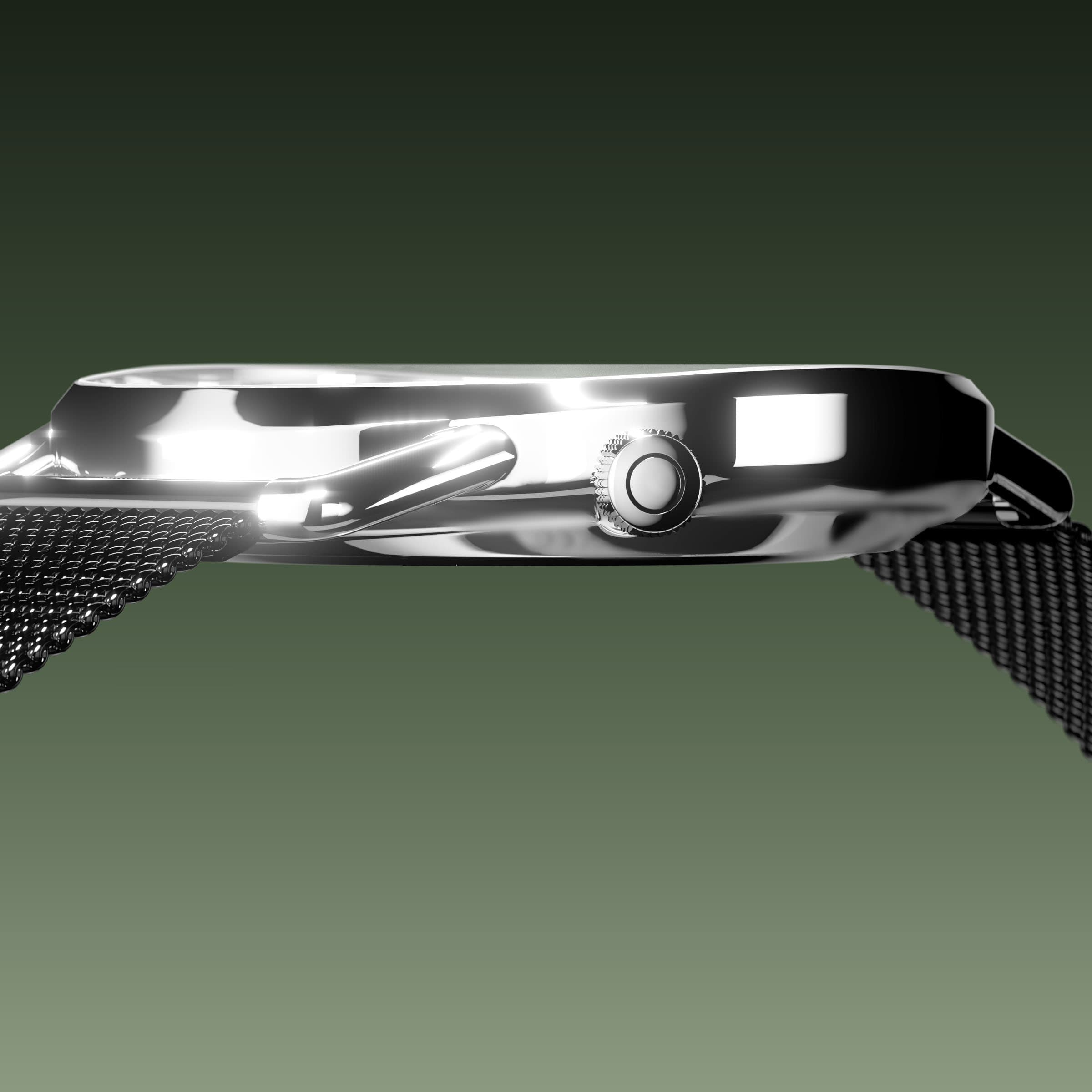 Side profile of the slim Solios Solar Curve, 10mm-thin silver case and crown, the green dial variation, black mesh metal strap