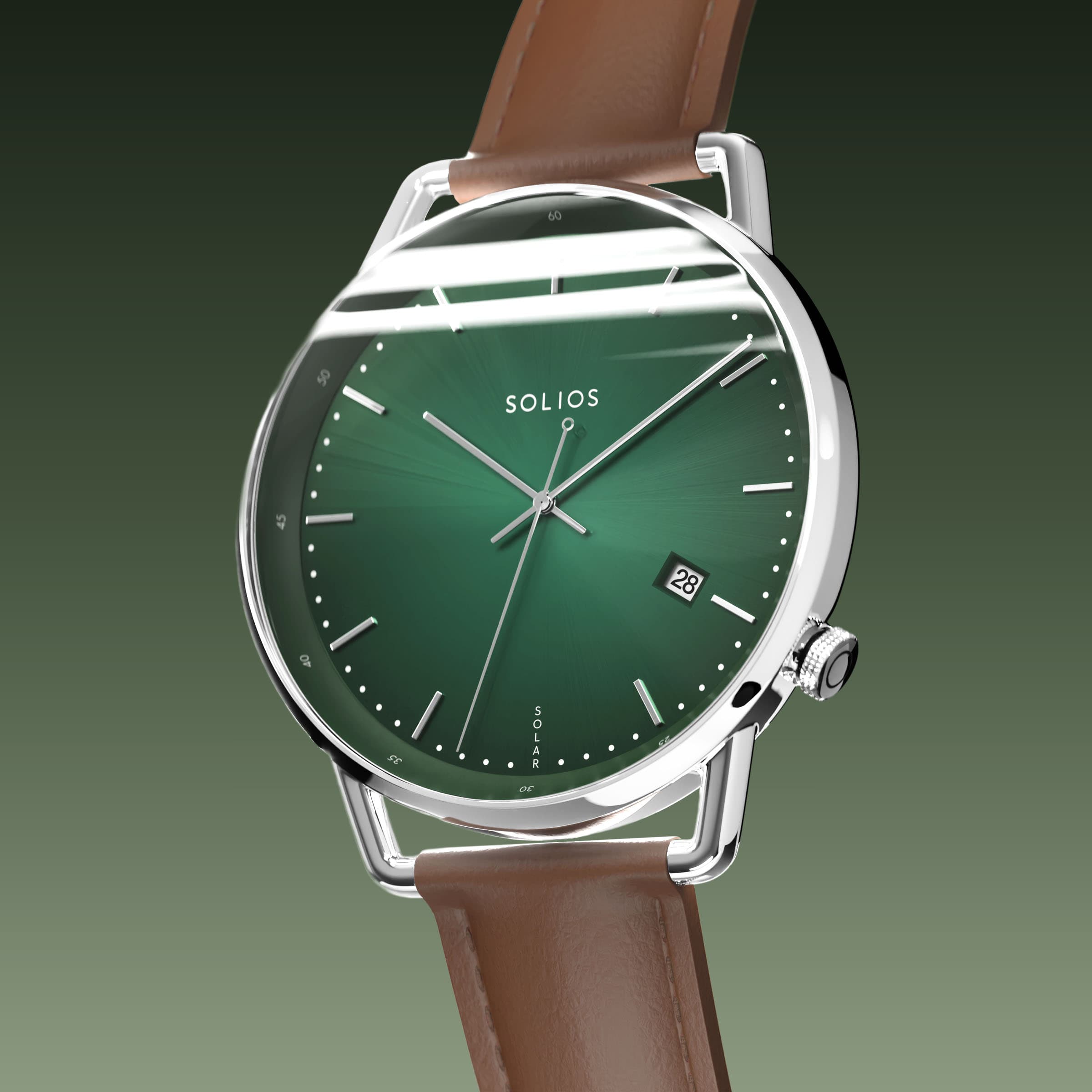 Solios Solar Curve, green dial and silver case, at a three-quarter angle, silver hands and indices, date calendar, curved sapphire crystal, brown eco vegan leather strap