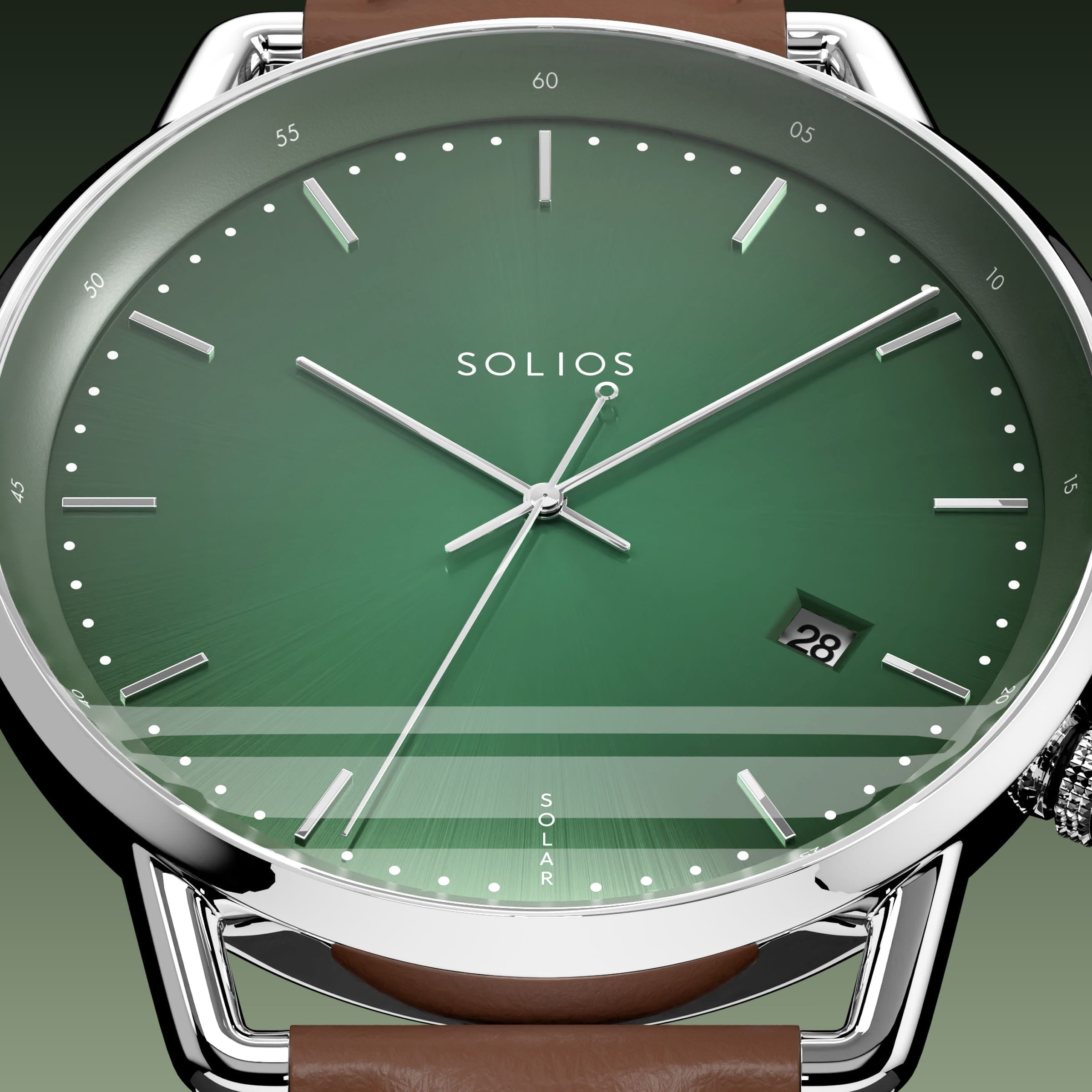 Close-up of the Solios Solar Curve green dial with silver hands and case, date and SOLAR text, brown eco vegan leather straps