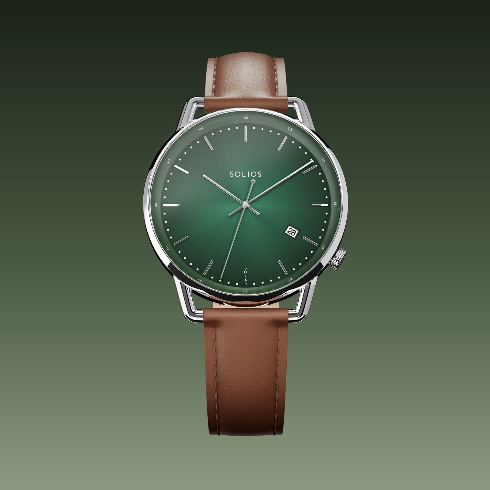 Solios Solar Curve watch, green dial and silver 40mm case, on a brown eco leather strap, front view
