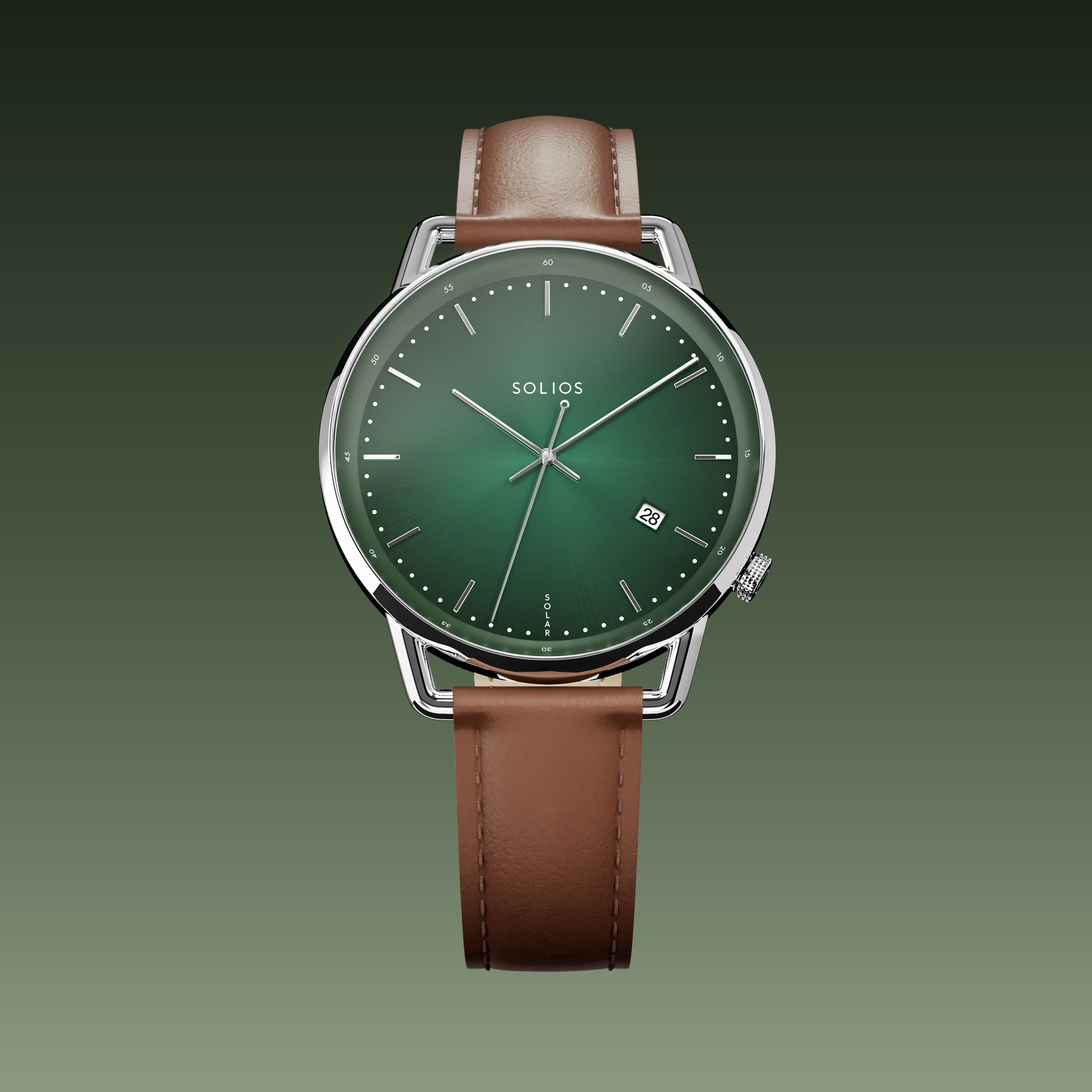Solios Solar Curve watch, green dial and silver 40mm case, on a brown eco leather strap, front view