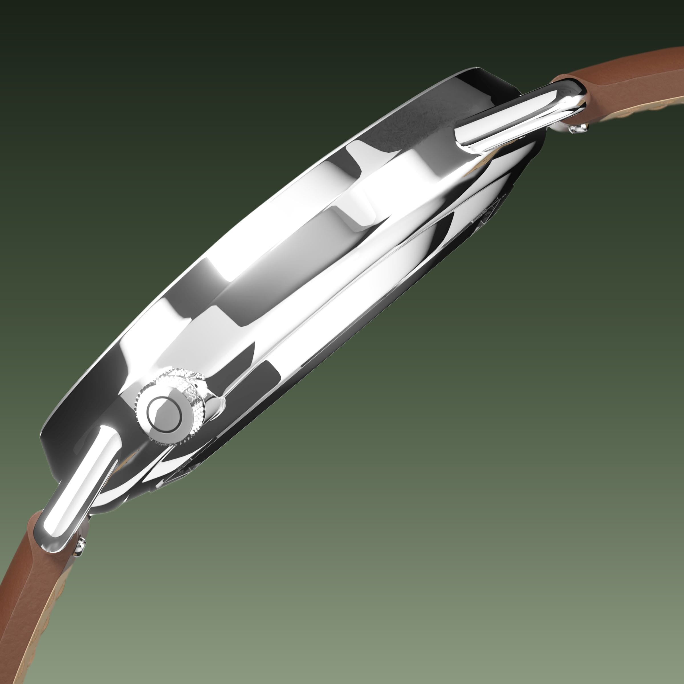 Side profile of the Solios Solar Curve, green dial and silver case, showing its curved sapphire crystal and crown, brown eco vegan leather strap
