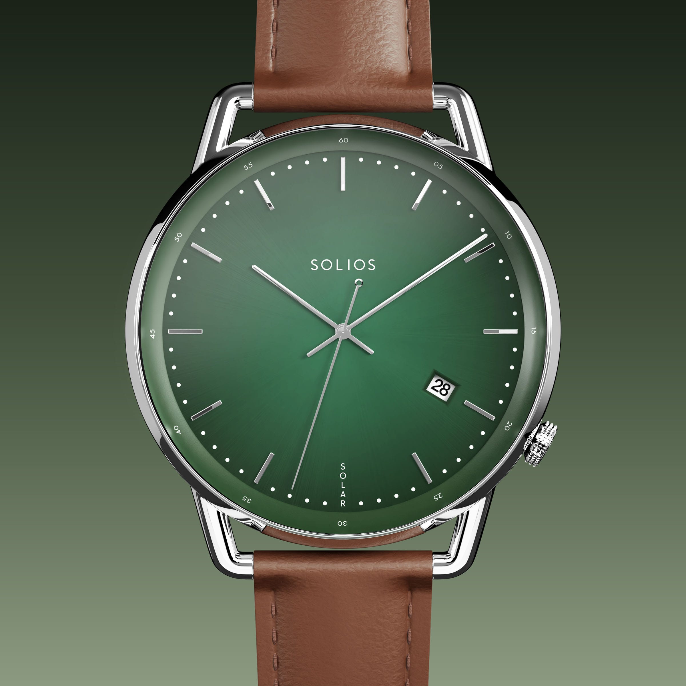 Solios Solar Curve solar watch, green dial and silver 40mm case, brown eco vegan leather strap, close up front view