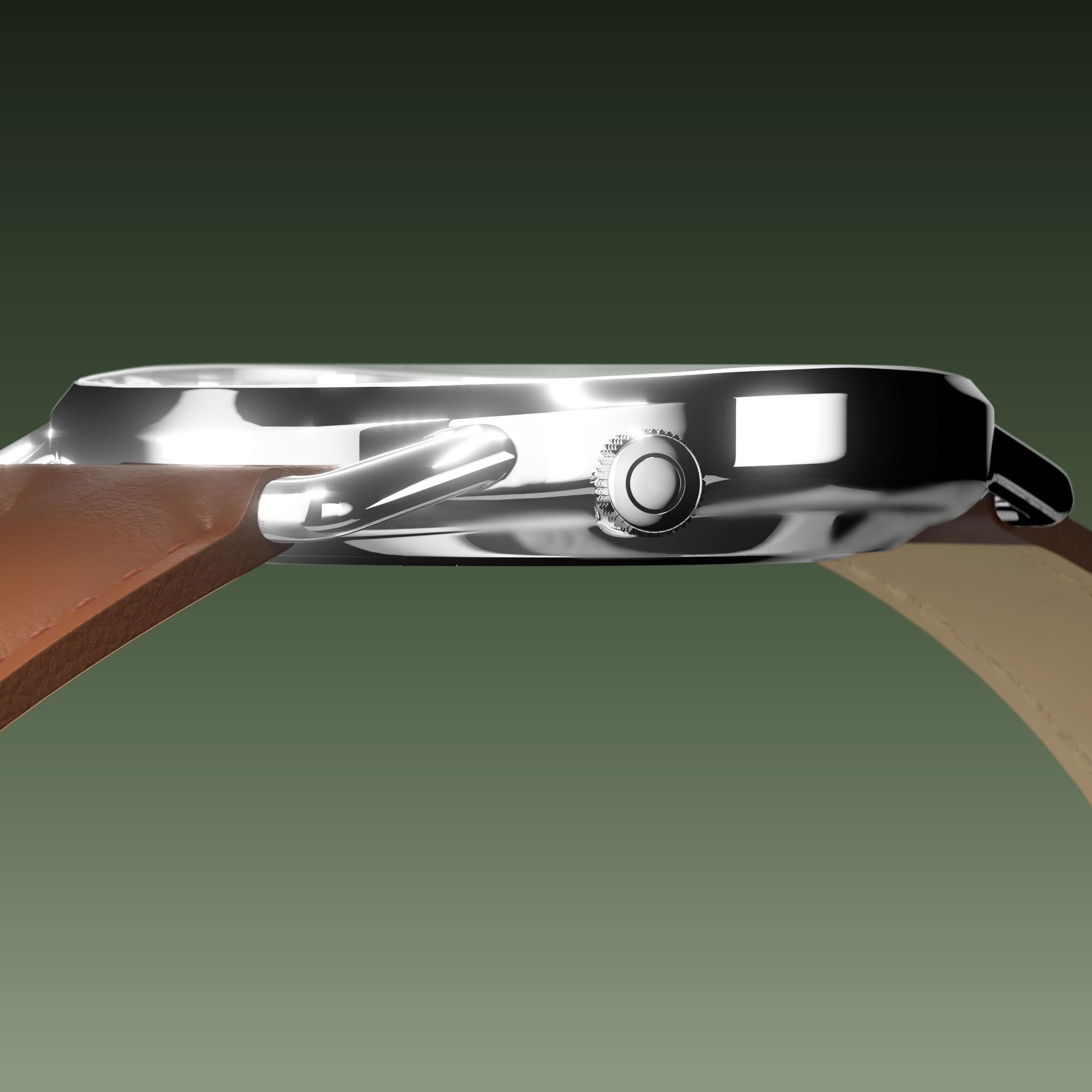 Side profile of the slim Solios Solar Curve, 10mm-thin silver case and crown, the green dial variation, brown eco vegan leather strap