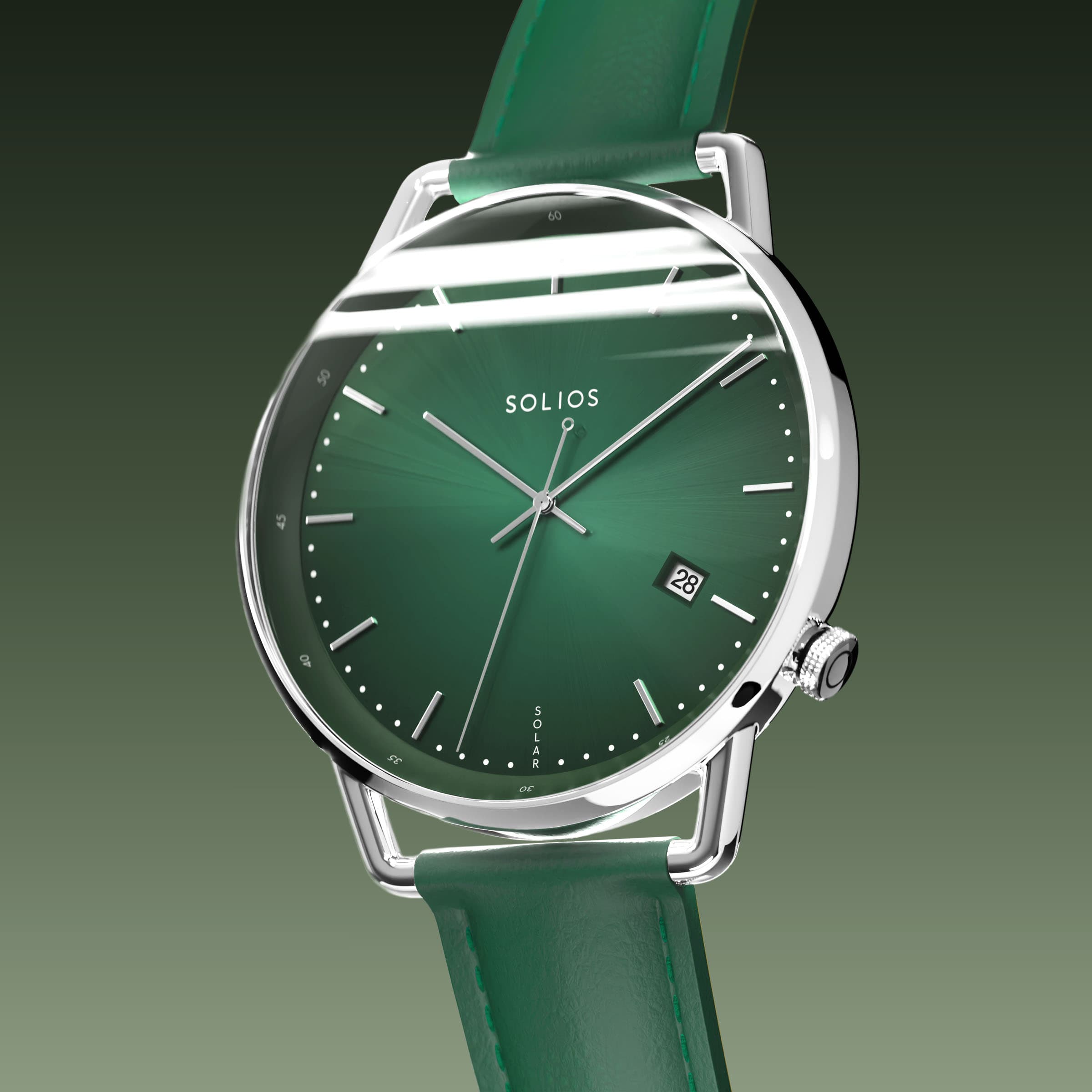 Solios Solar Curve, green dial and silver case, at a three-quarter angle, silver hands and indices, date calendar, curved sapphire crystal, green eco vegan leather strap