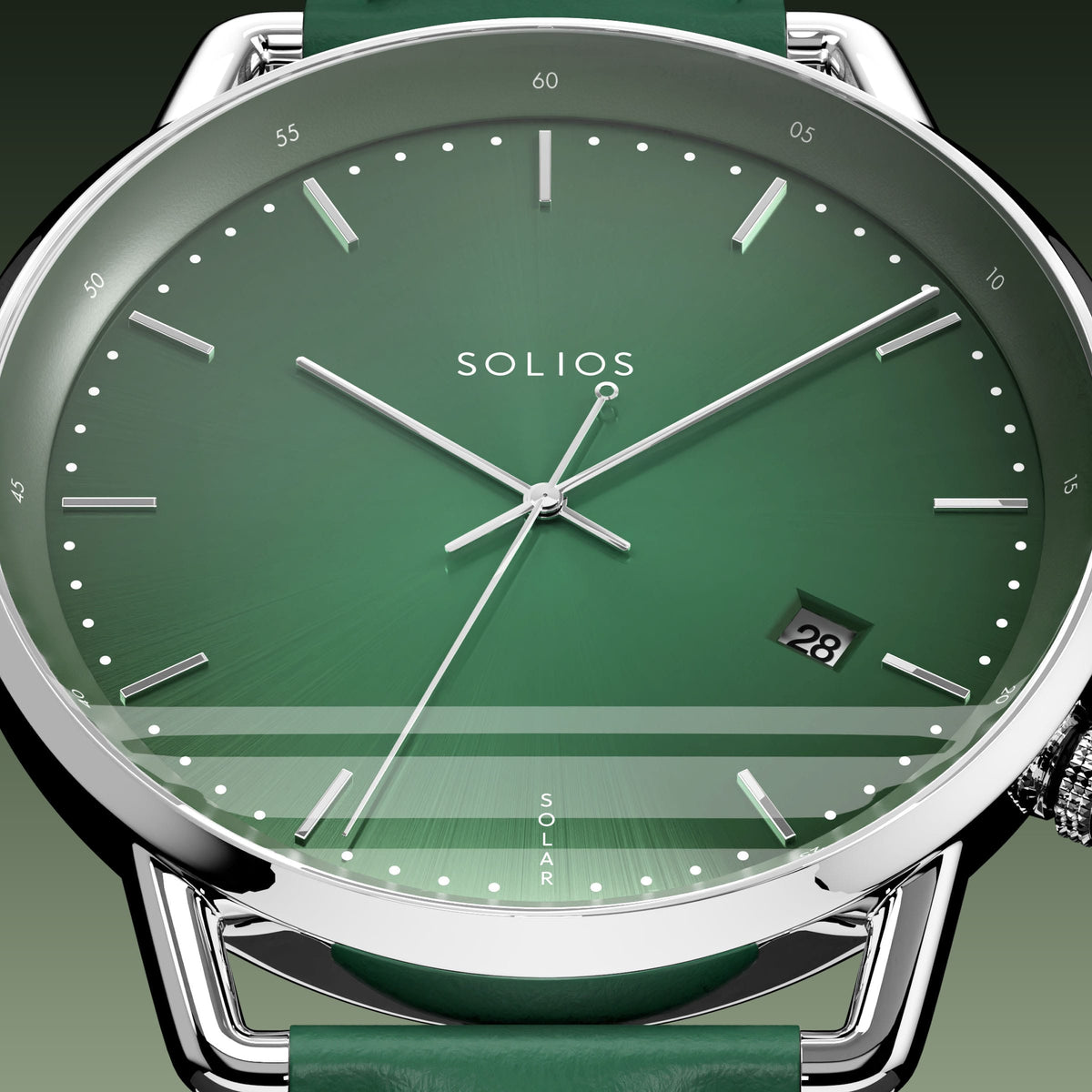 Close-up of the Solios Solar Curve green dial with silver hands and case, date and SOLAR text, green eco vegan leather straps