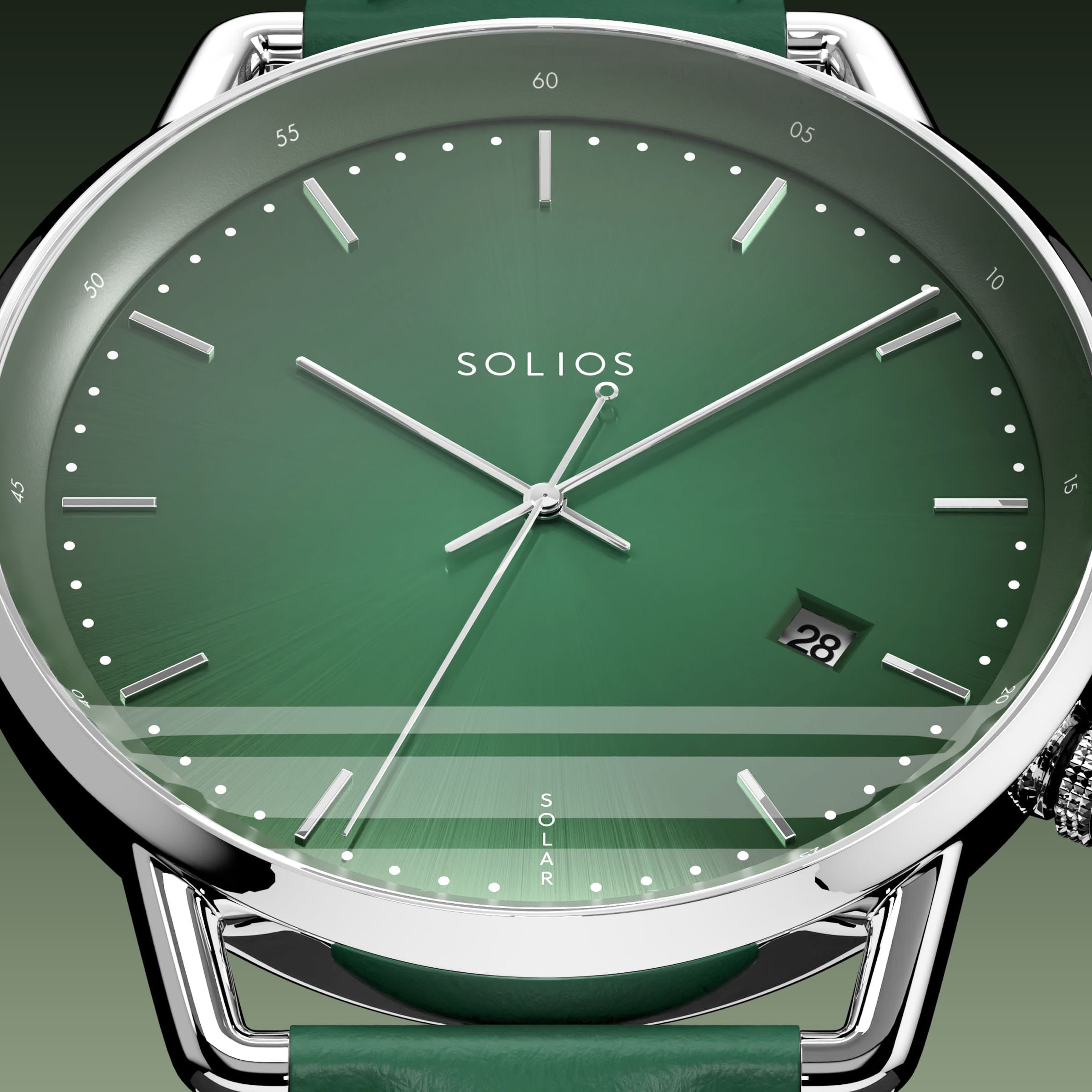 Close-up of the Solios Solar Curve green dial with silver hands and case, date and SOLAR text, green eco vegan leather straps