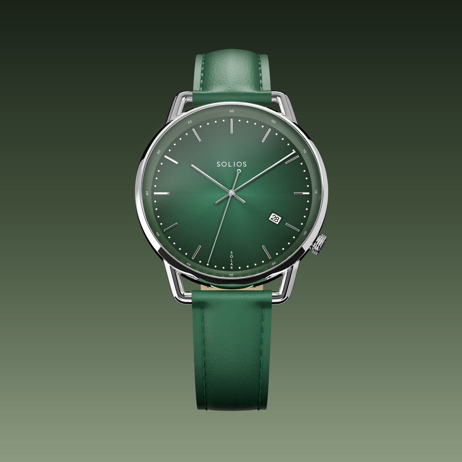 Solios Solar Curve watch, green dial and silver 40mm case, on a green eco leather strap, front view