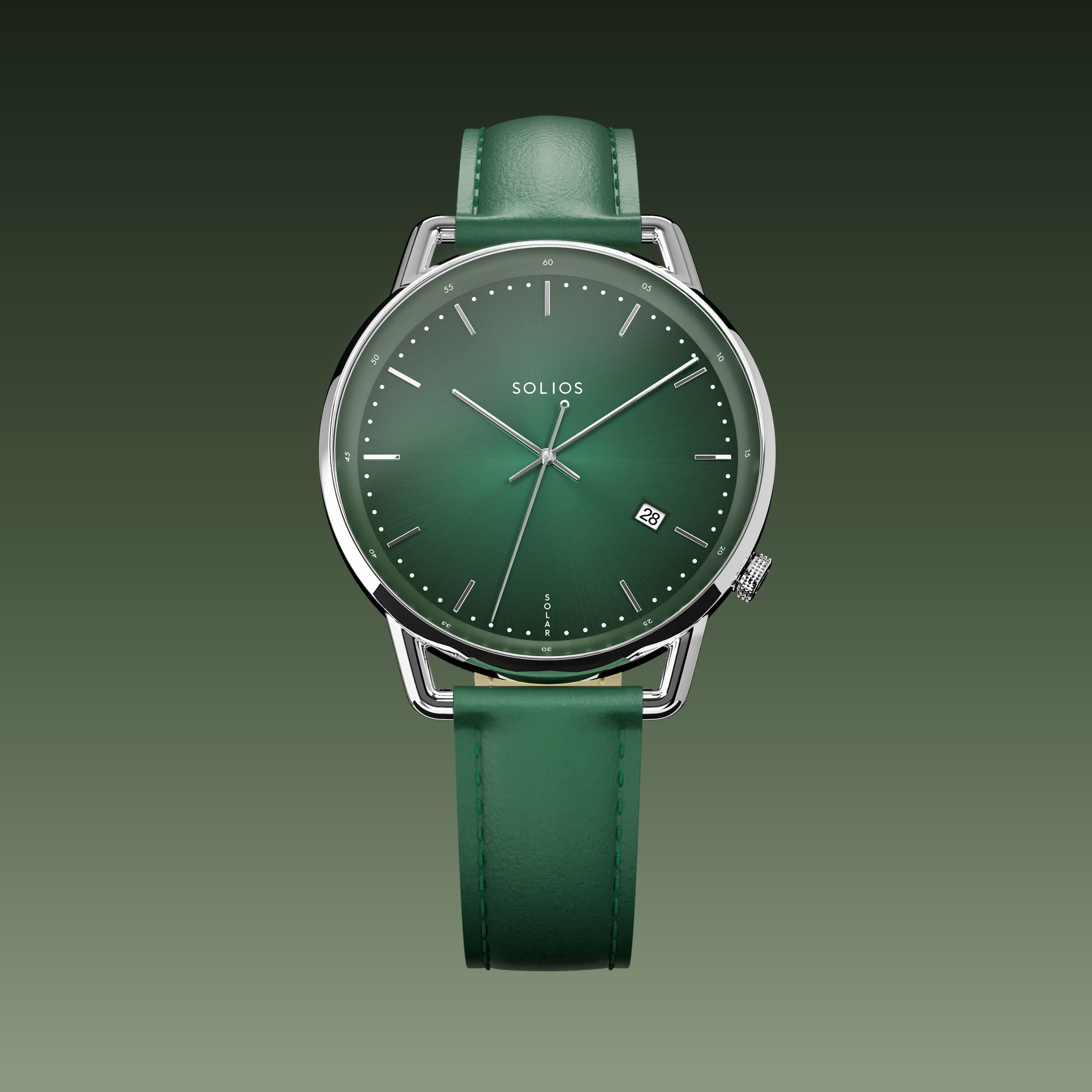 Solios Solar Curve watch, green dial and silver 40mm case, on a green eco leather strap, front view