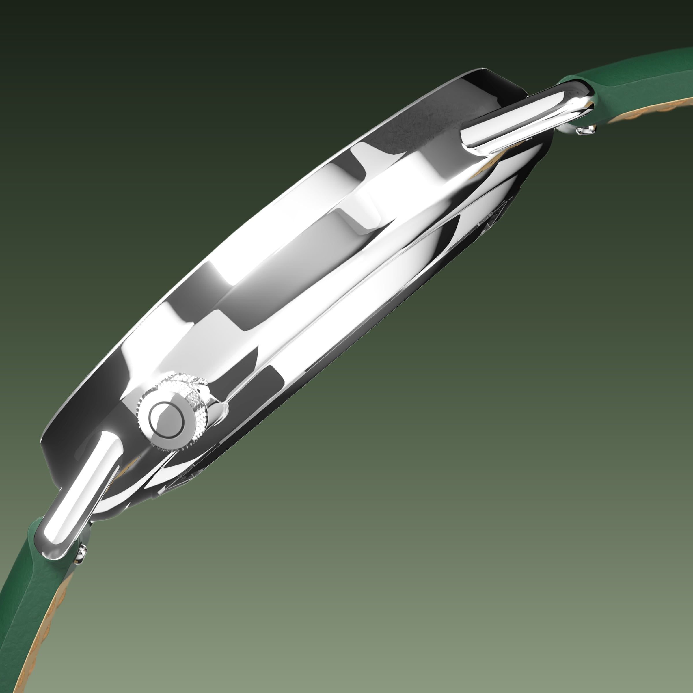 Side profile of the Solios Solar Curve, green dial and silver case, showing its curved sapphire crystal and crown, green eco vegan leather strap