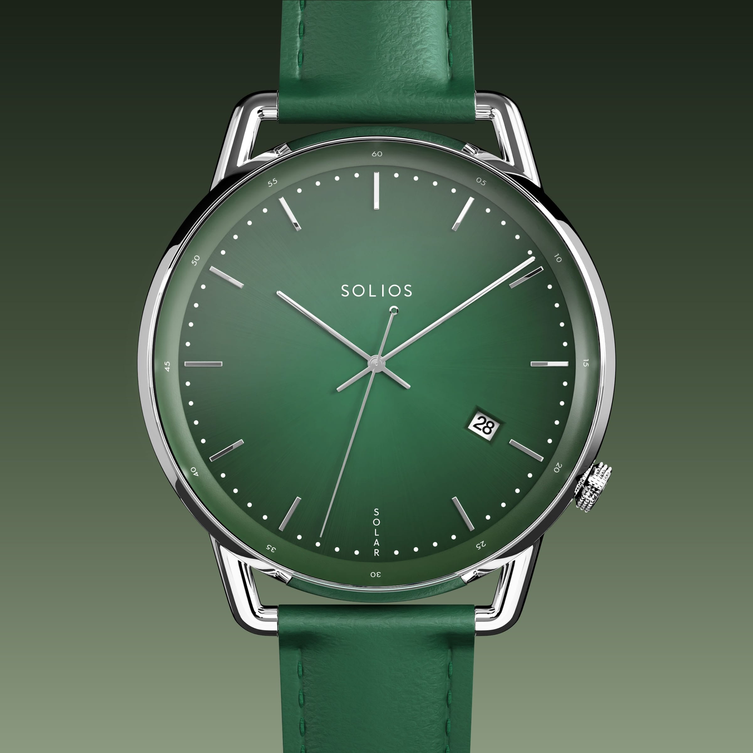 Solios Solar Curve solar watch, green dial and silver 40mm case, green eco vegan leather strap, close up front view