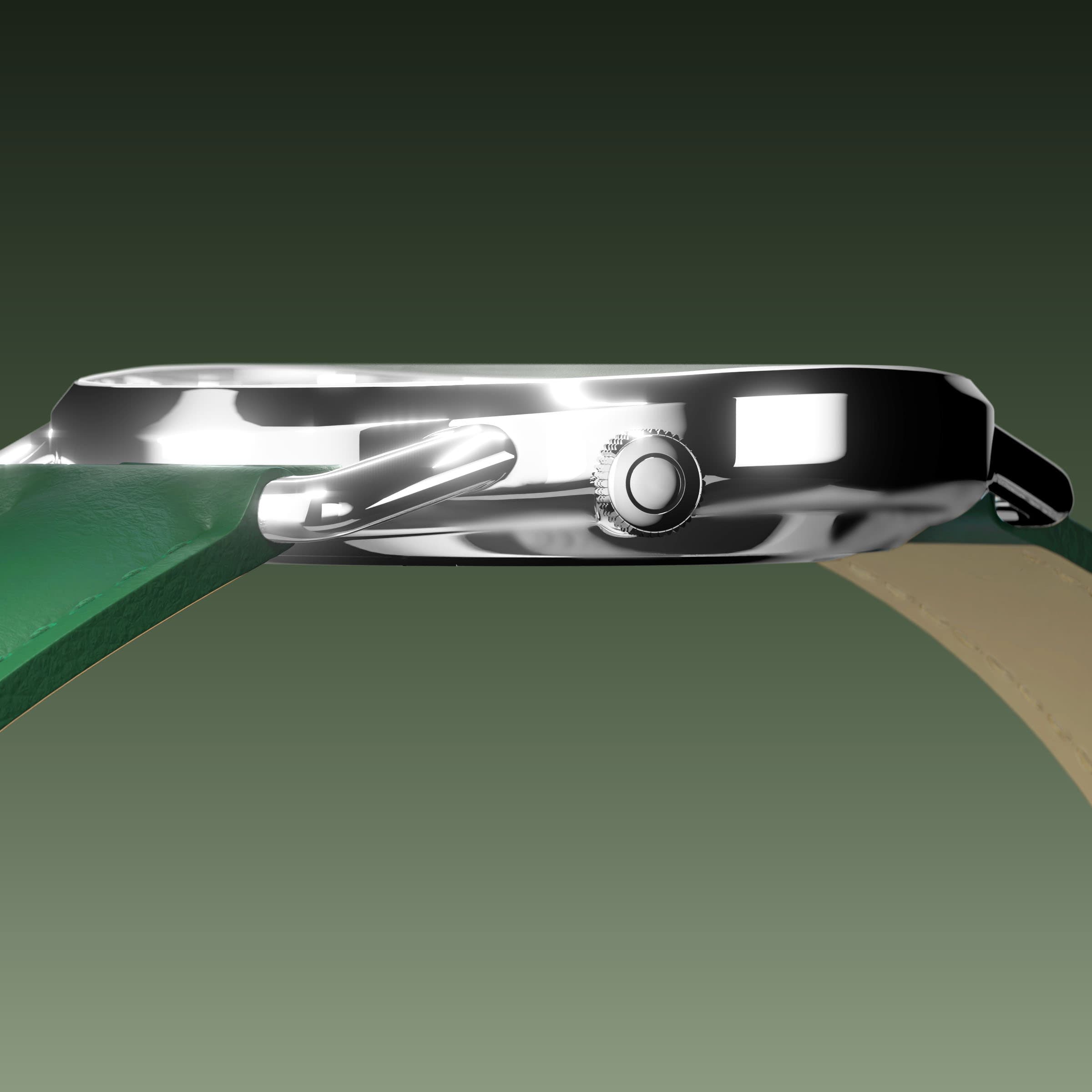 Side profile of the slim Solios Solar Curve, 10mm-thin silver case and crown, the green dial variation, green eco vegan leather strap