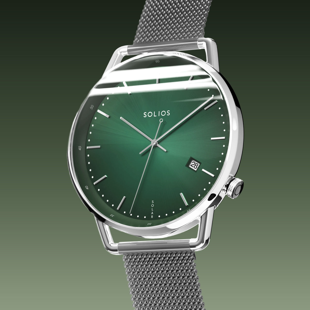 Solios Solar Curve, green dial and silver case, at a three-quarter angle, silver hands and indices, date calendar, curved sapphire crystal, grey mesh metal strap