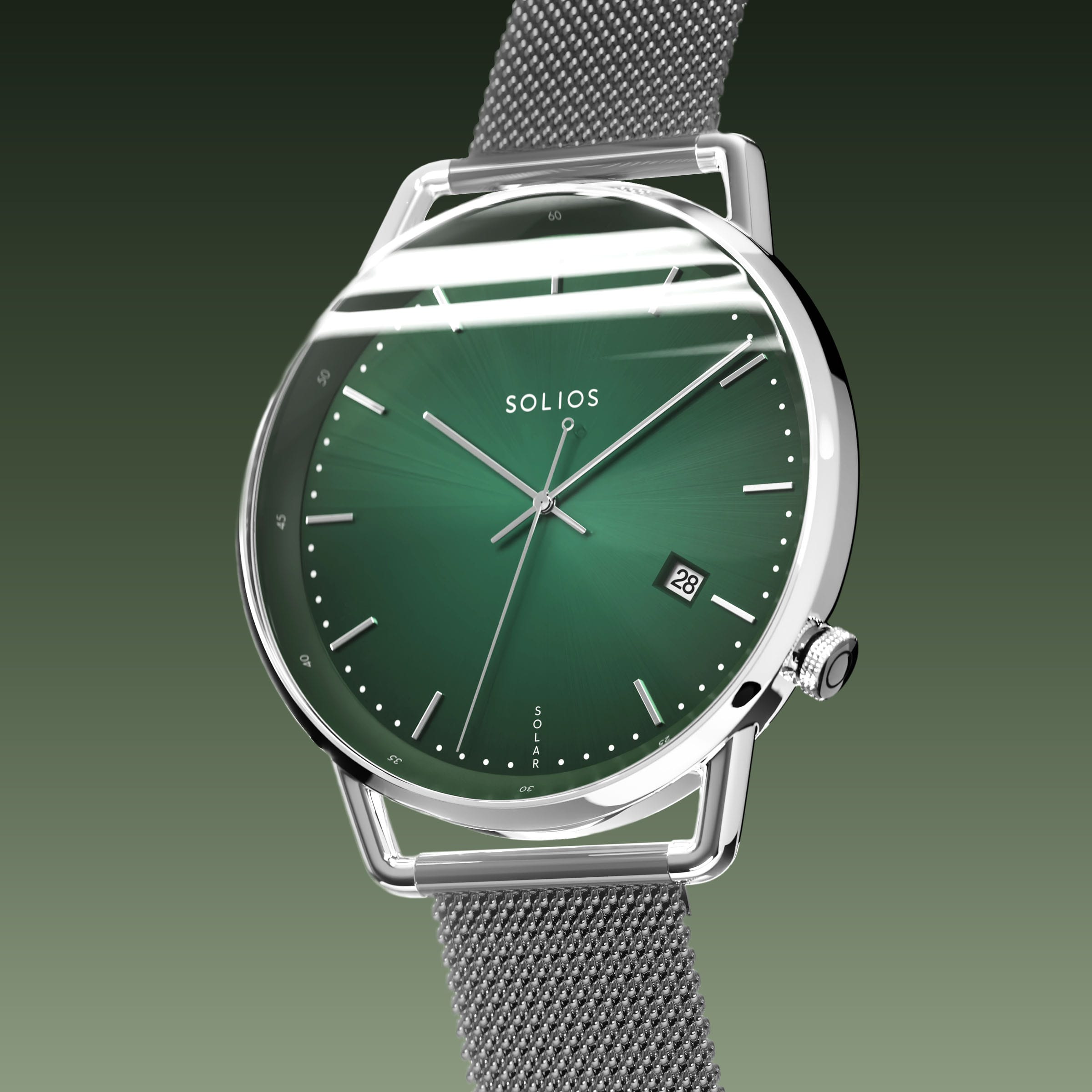 Solios Solar Curve, green dial and silver case, at a three-quarter angle, silver hands and indices, date calendar, curved sapphire crystal, grey mesh metal strap