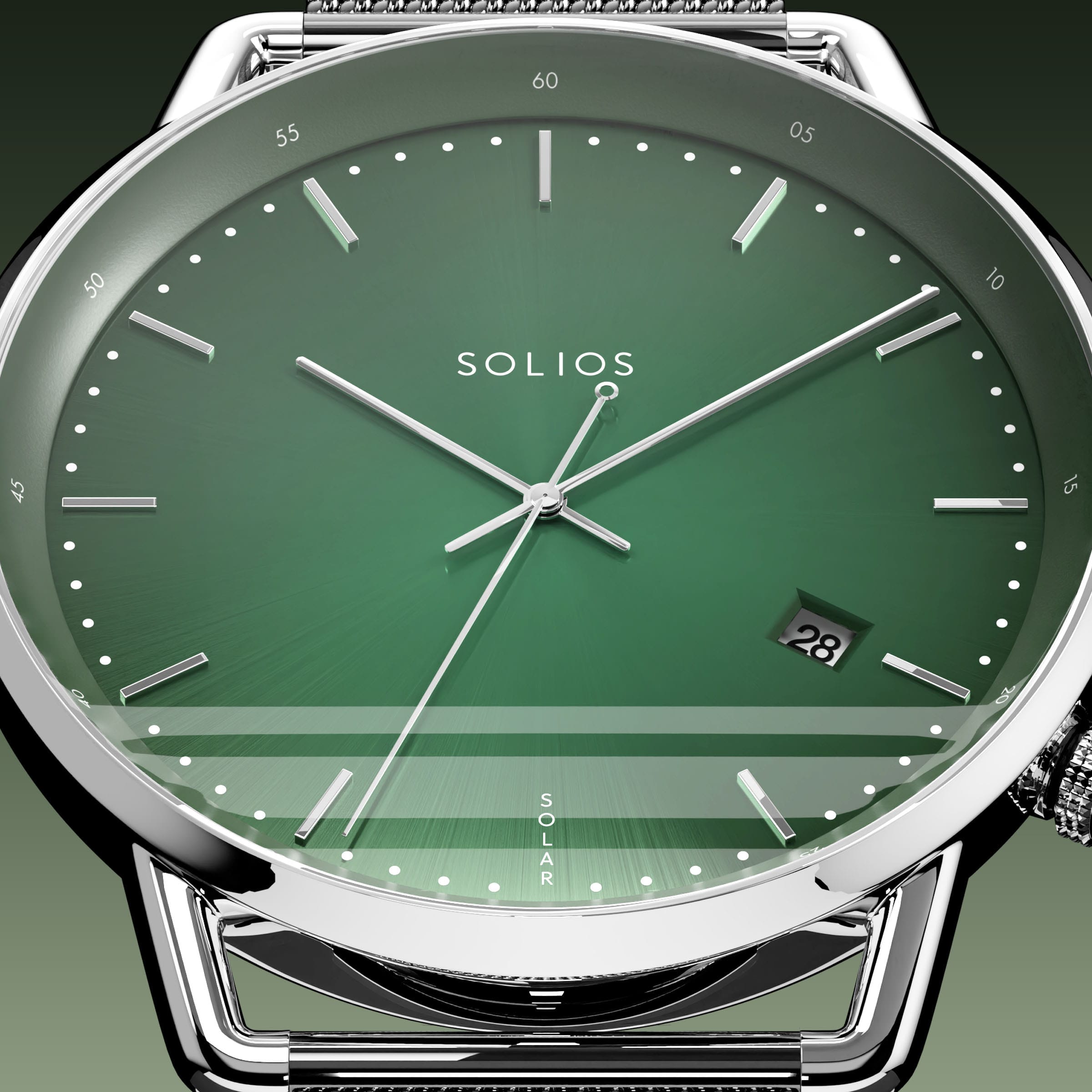Close-up of the Solios Solar Curve green dial with silver hands and case, date and SOLAR text, grey mesh metal strap