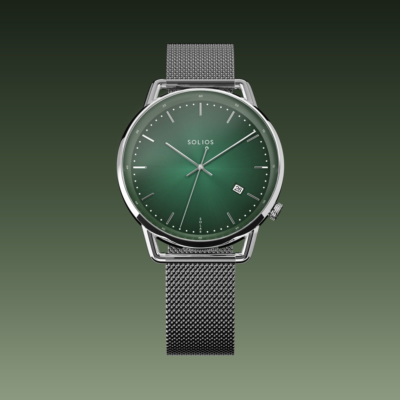 Solios Solar Curve watch, green dial and silver 40mm case, on a grey mesh metal strap, front view