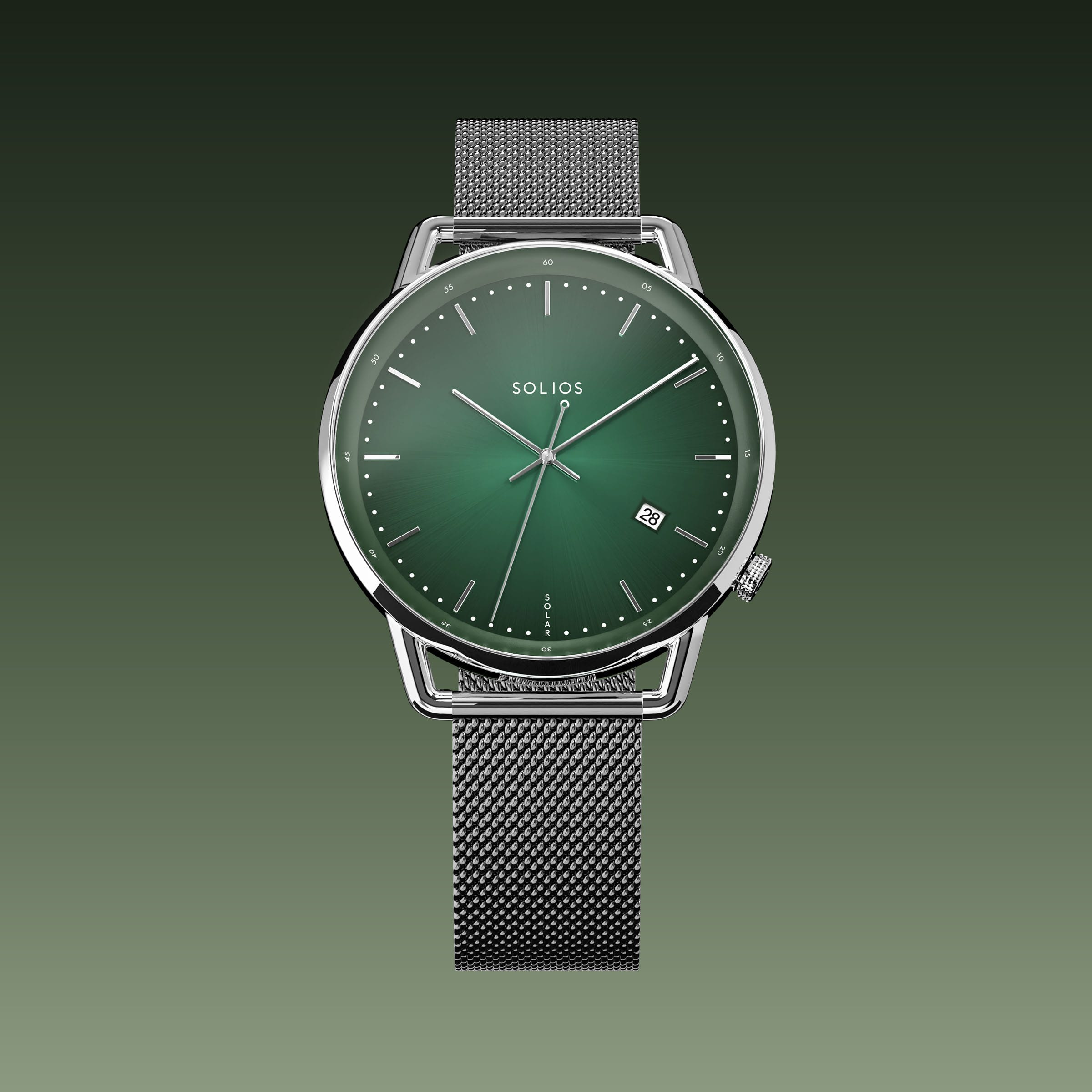 Solios Solar Curve watch, green dial and silver 40mm case, on a grey mesh metal strap, front view