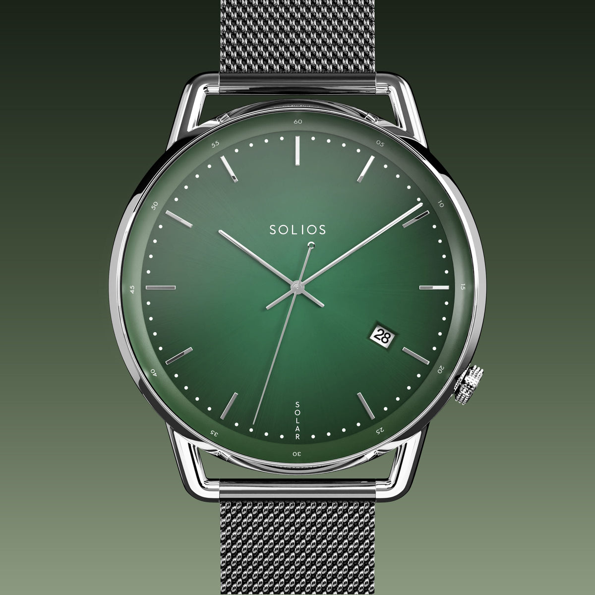 Solios Solar Curve solar watch, green dial and silver 40mm case, grey mesh metal strap, close up front view
