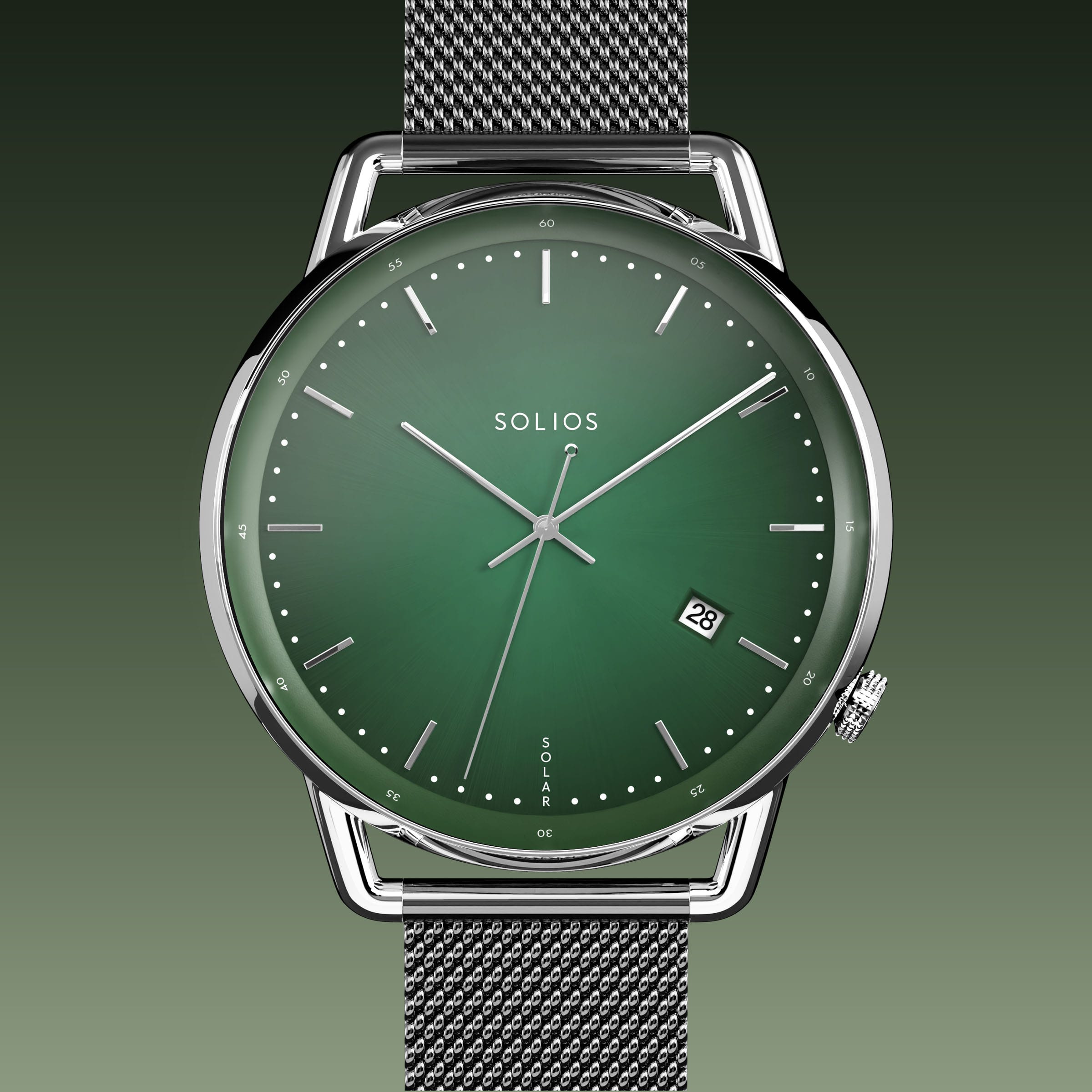 Solios Solar Curve solar watch, green dial and silver 40mm case, grey mesh metal strap, close up front view