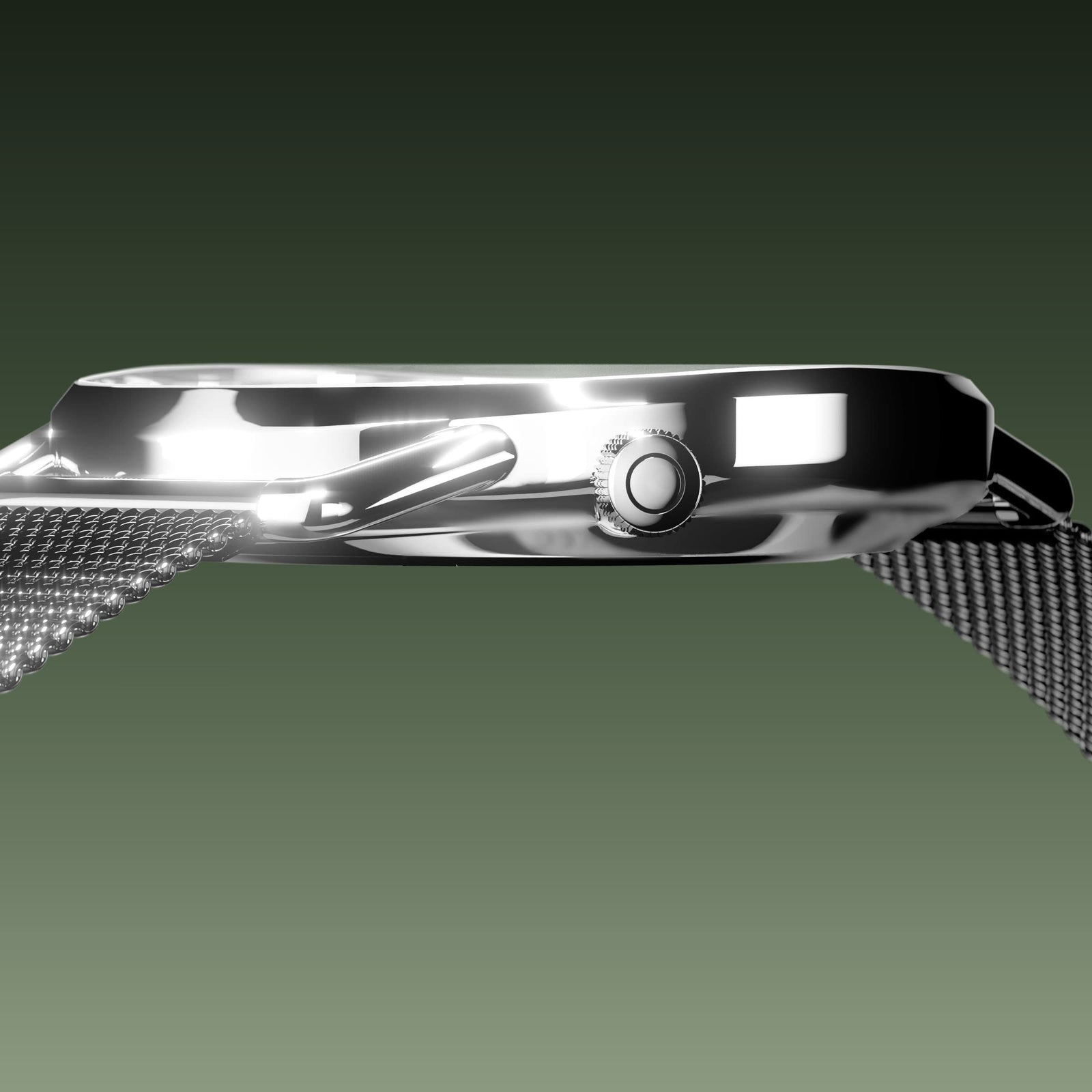 Side profile of the slim Solios Solar Curve, 10mm-thin silver case and crown, the green dial variation, grey mesh metal strap