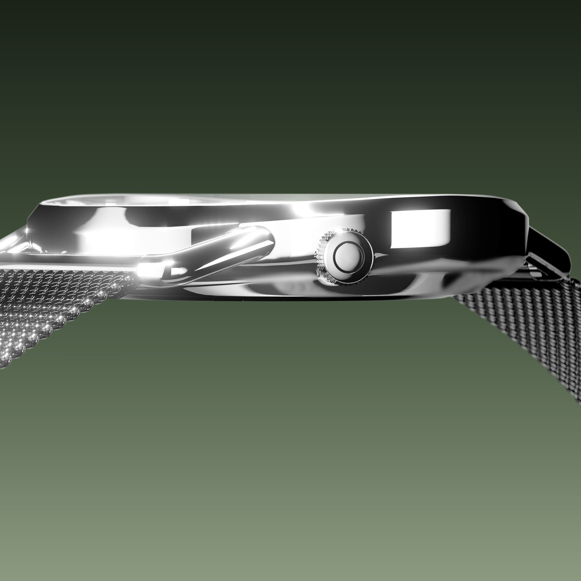 Side profile of the slim Solios Solar Curve, 10mm-thin silver case and crown, the green dial variation, grey mesh metal strap
