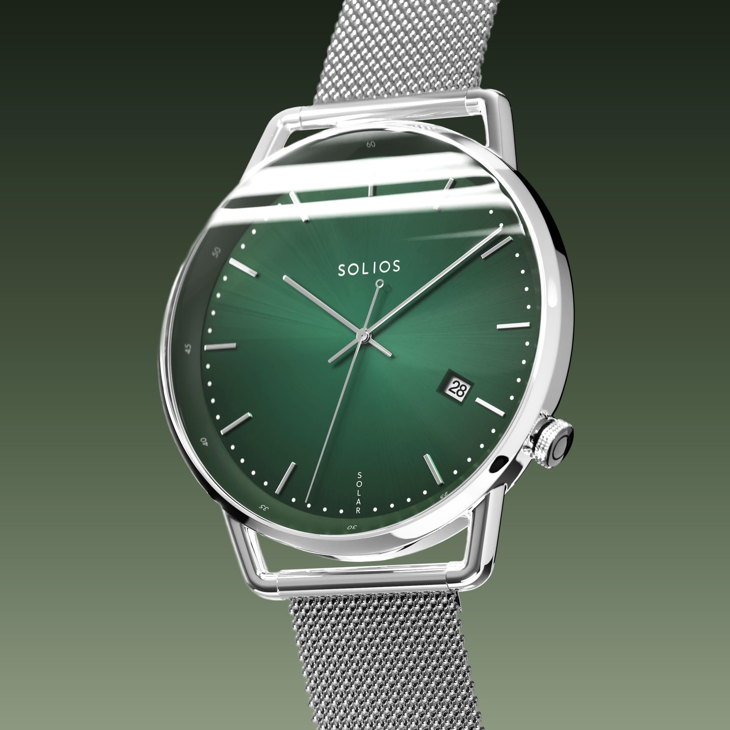 Solios Solar Curve, green dial and silver case, at a three-quarter angle, silver hands and indices, date calendar, curved sapphire crystal, silver mesh metal strap