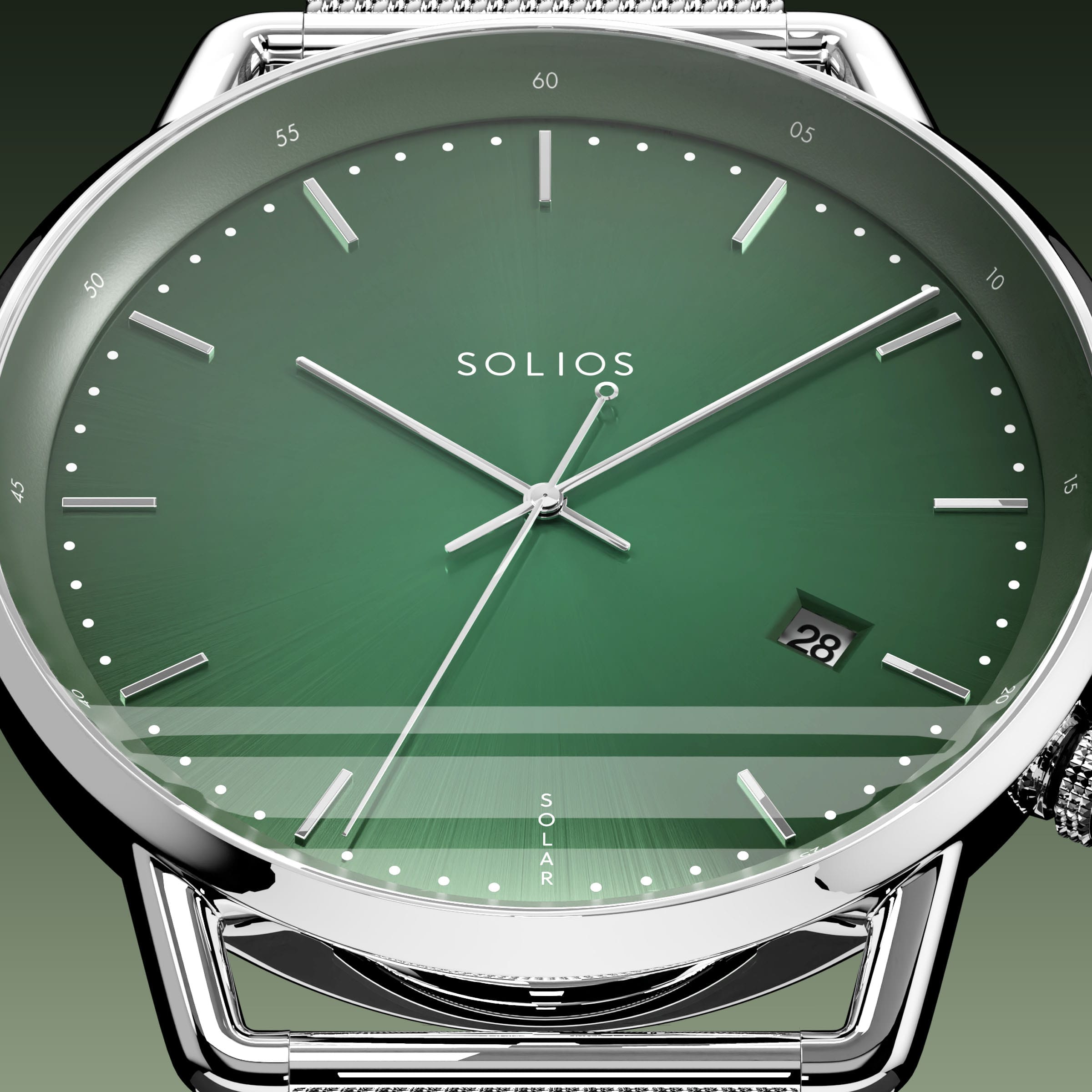 Close-up of the Solios Solar Curve green dial with silver hands and case, date and SOLAR text, silver mesh metal strap