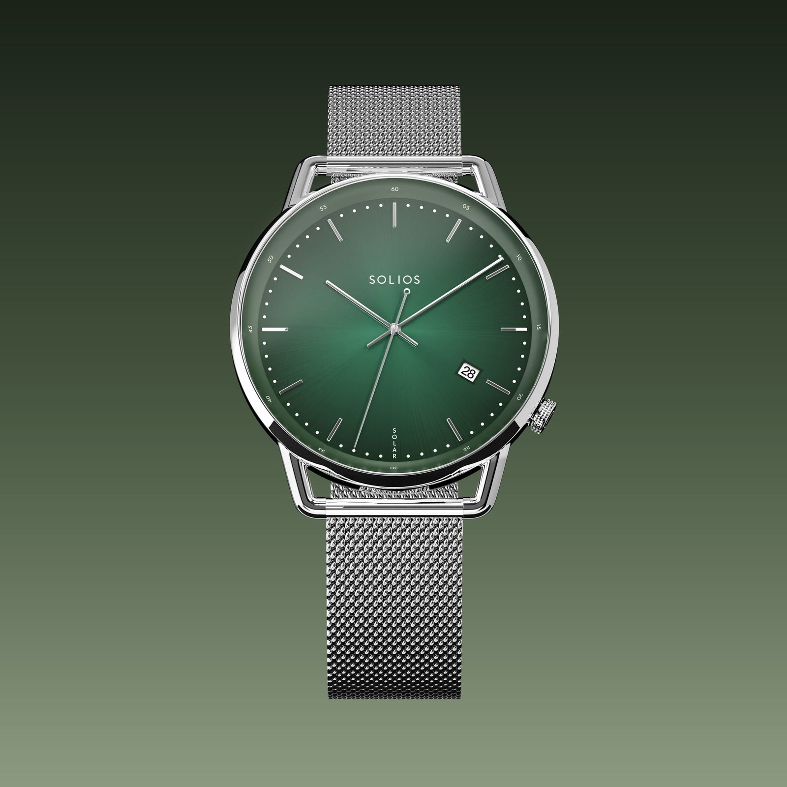 Solios Solar Curve watch, green dial and silver 40mm case, on a silver mesh metal strap, front view