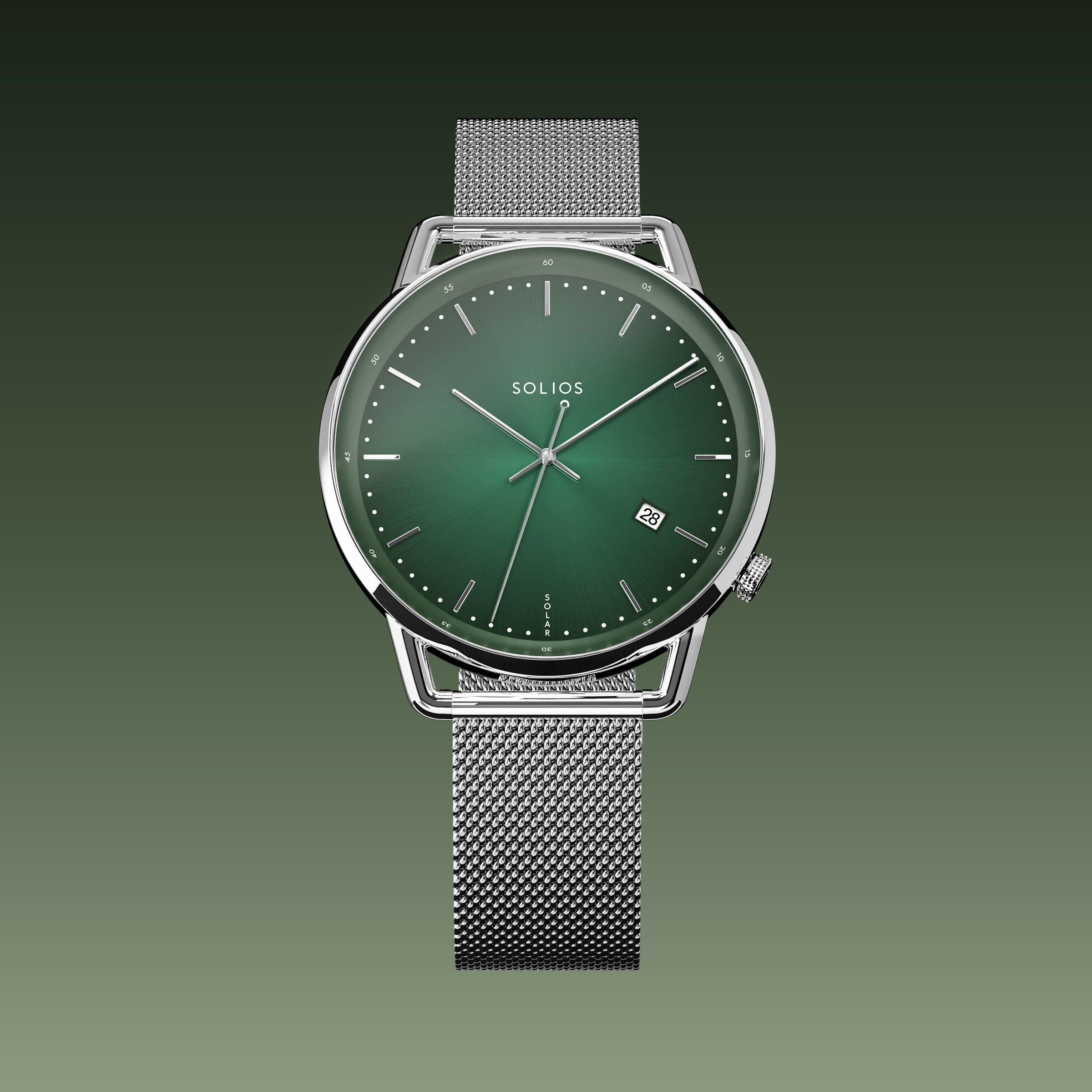 Solios Solar Curve watch, green dial and silver 40mm case, on a silver mesh metal strap, front view