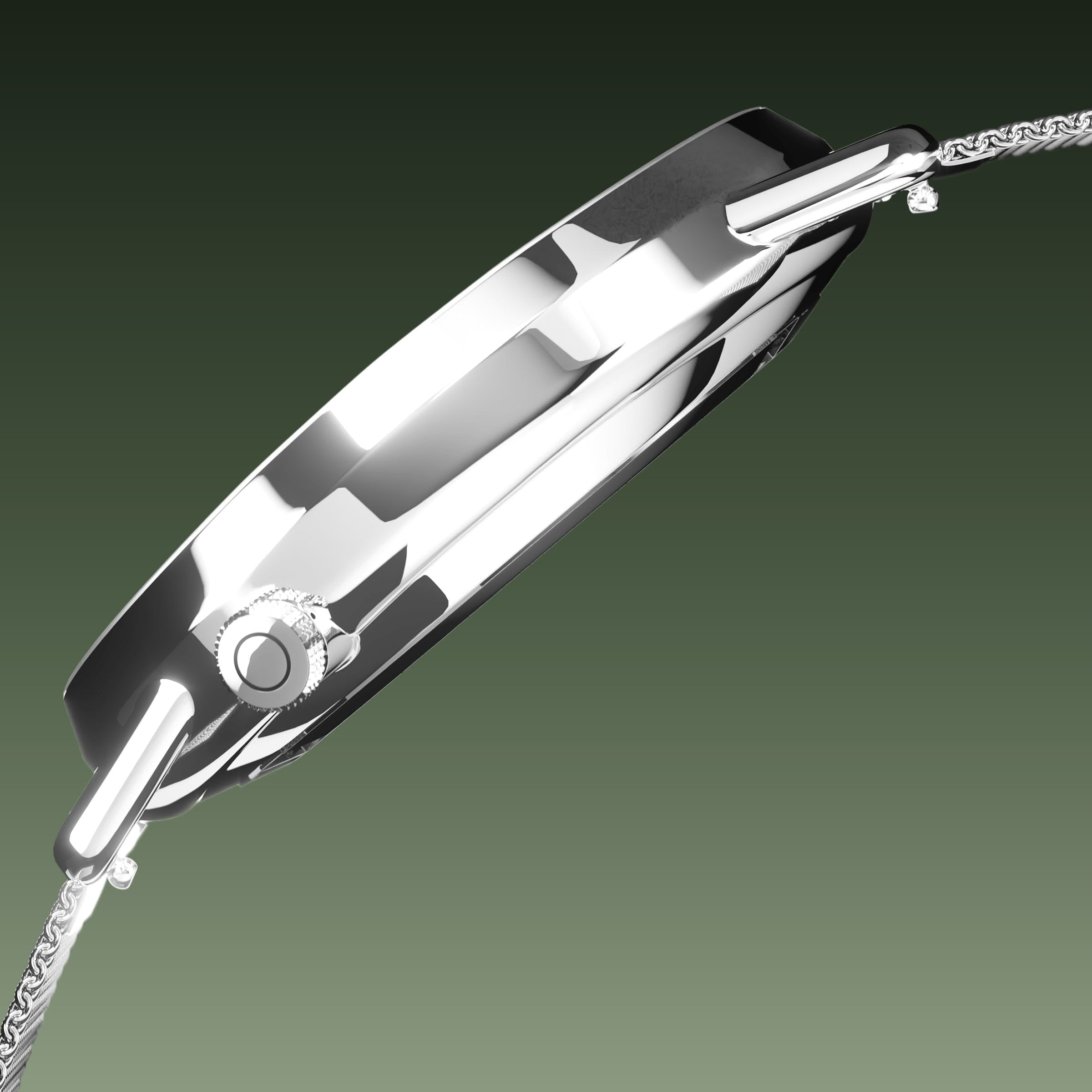 Side profile of the Solios Solar Curve, green dial and silver case, showing its curved sapphire crystal and crown, silver mesh metal strap