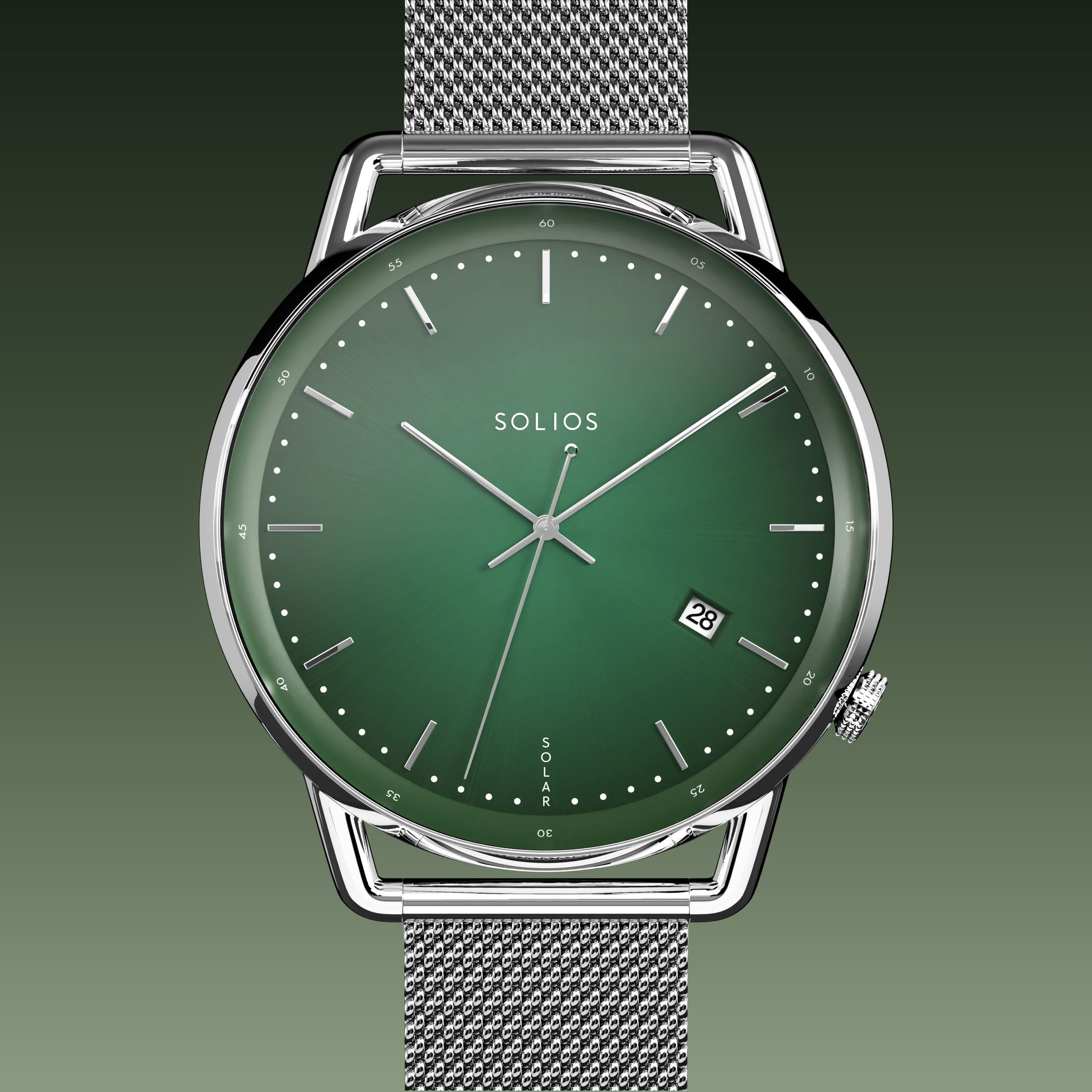 Solios Solar Curve solar watch, green dial and silver 40mm case, silver mesh metal strap, close up front view