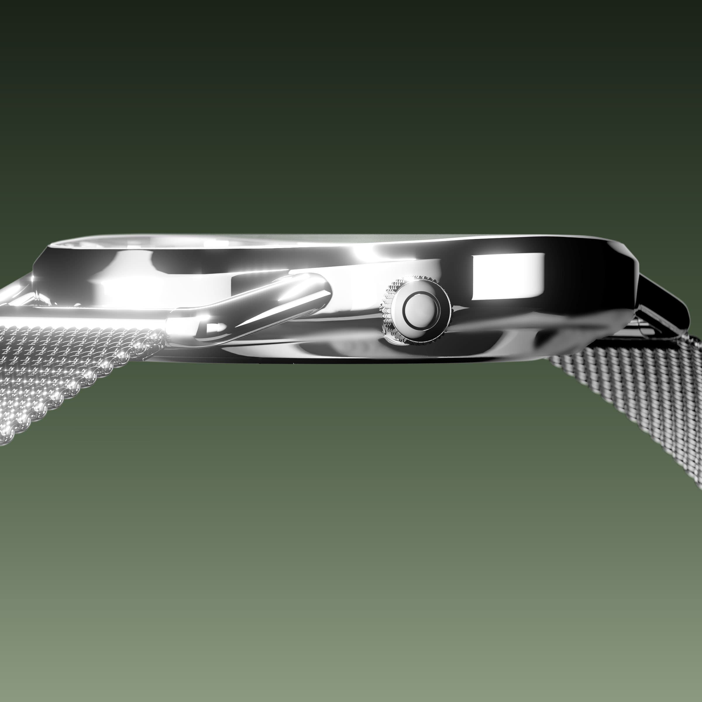 Side profile of the slim Solios Solar Curve, 10mm-thin silver case and crown, the green dial variation, silver mesh metal strap
