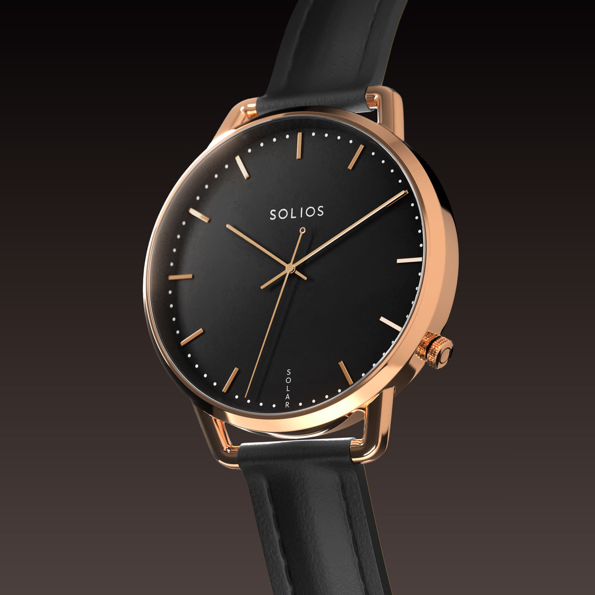 Angled view of the Solar Curve Mini 32mm solar watch, black dial and rose gold case on a black eco vegan leather strap