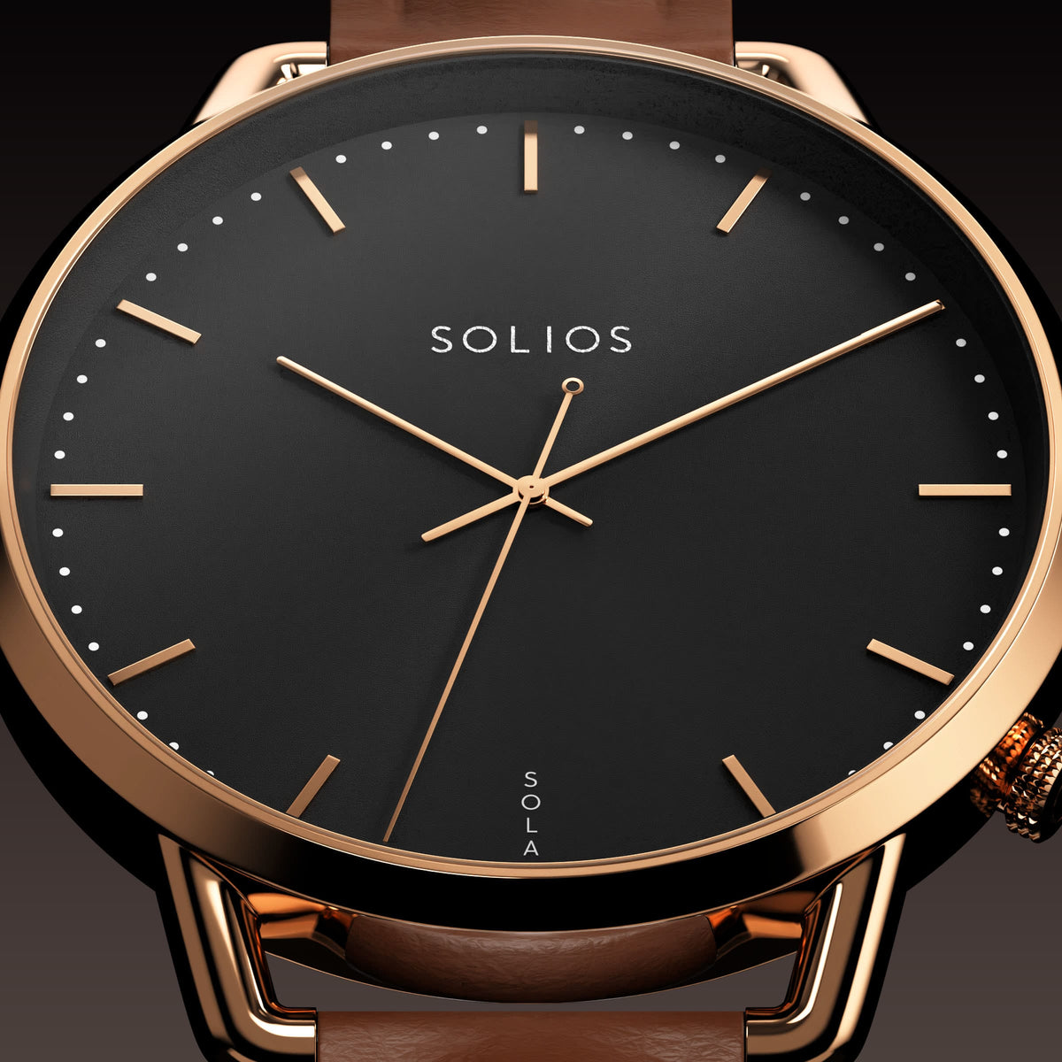 Macro of the Solios Solar Curve Mini black dial with slim rose gold indices and domed sapphire crystal