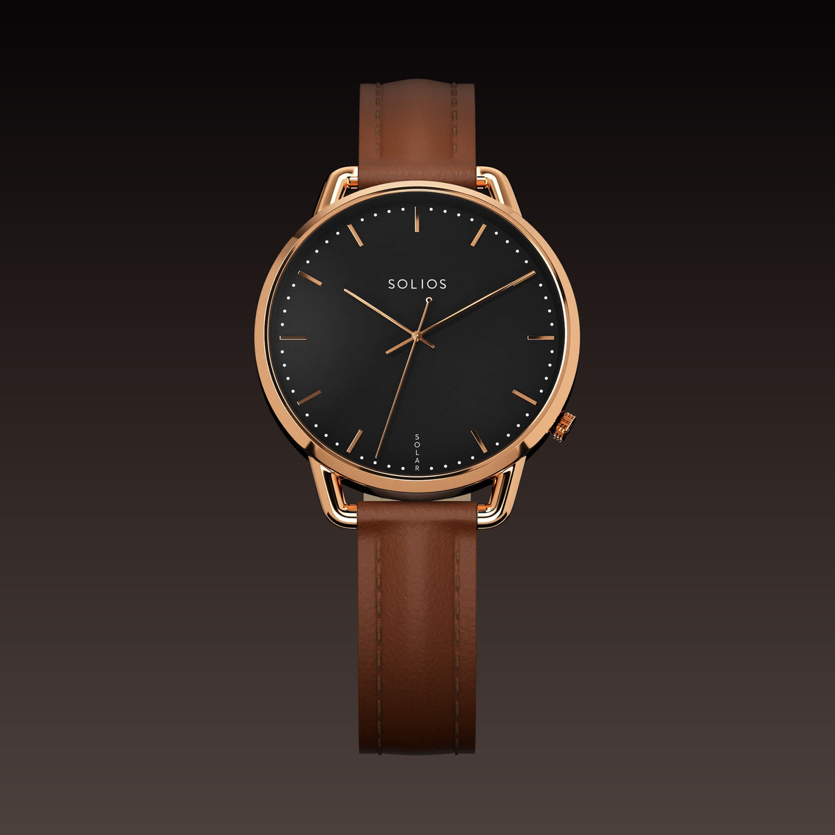 The Solar Curve Mini 32mm solar watch from Solios, front view, black dial in a rose gold case on a brown eco vegan leather strap