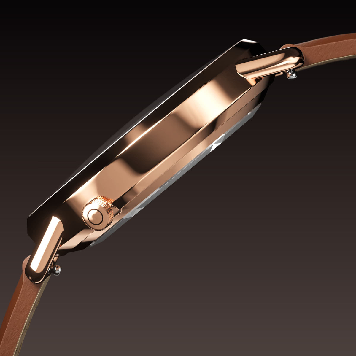 Side profile of the Solar Curve Mini 32mm rose gold case showing the crown at 4 o'clock, on a brown eco vegan leather strap