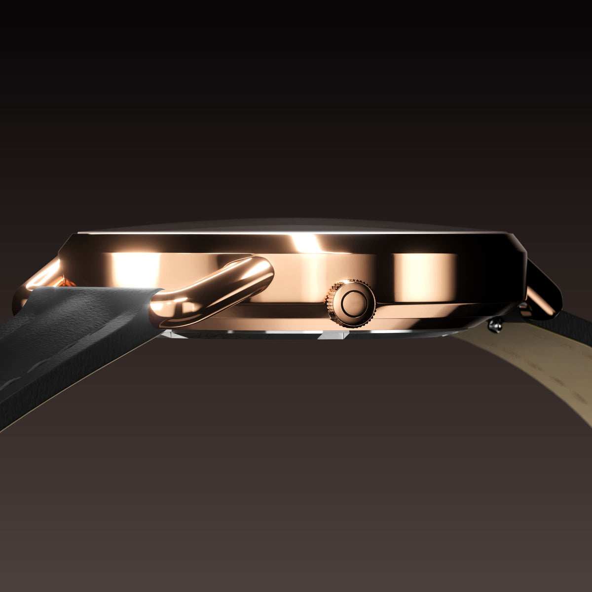 Low-angle view of the Solar Curve Mini 32mm rose gold case and crown with a black eco vegan leather strap