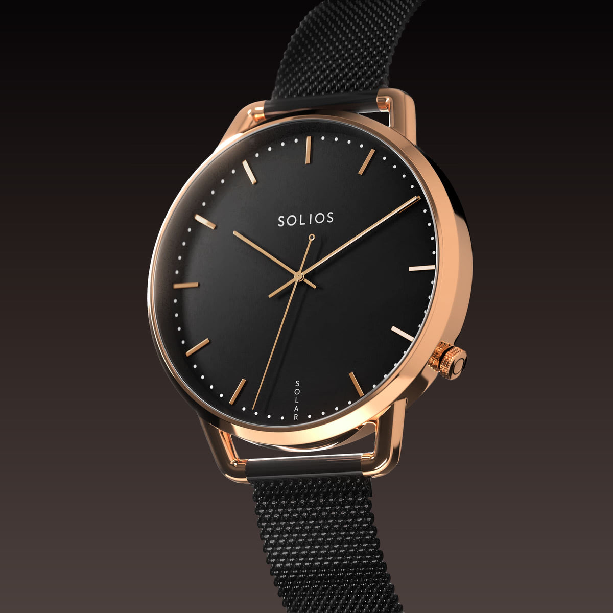 Angled view of the Solar Curve Mini 32mm solar watch, black dial and rose gold case on a black mesh metal strap