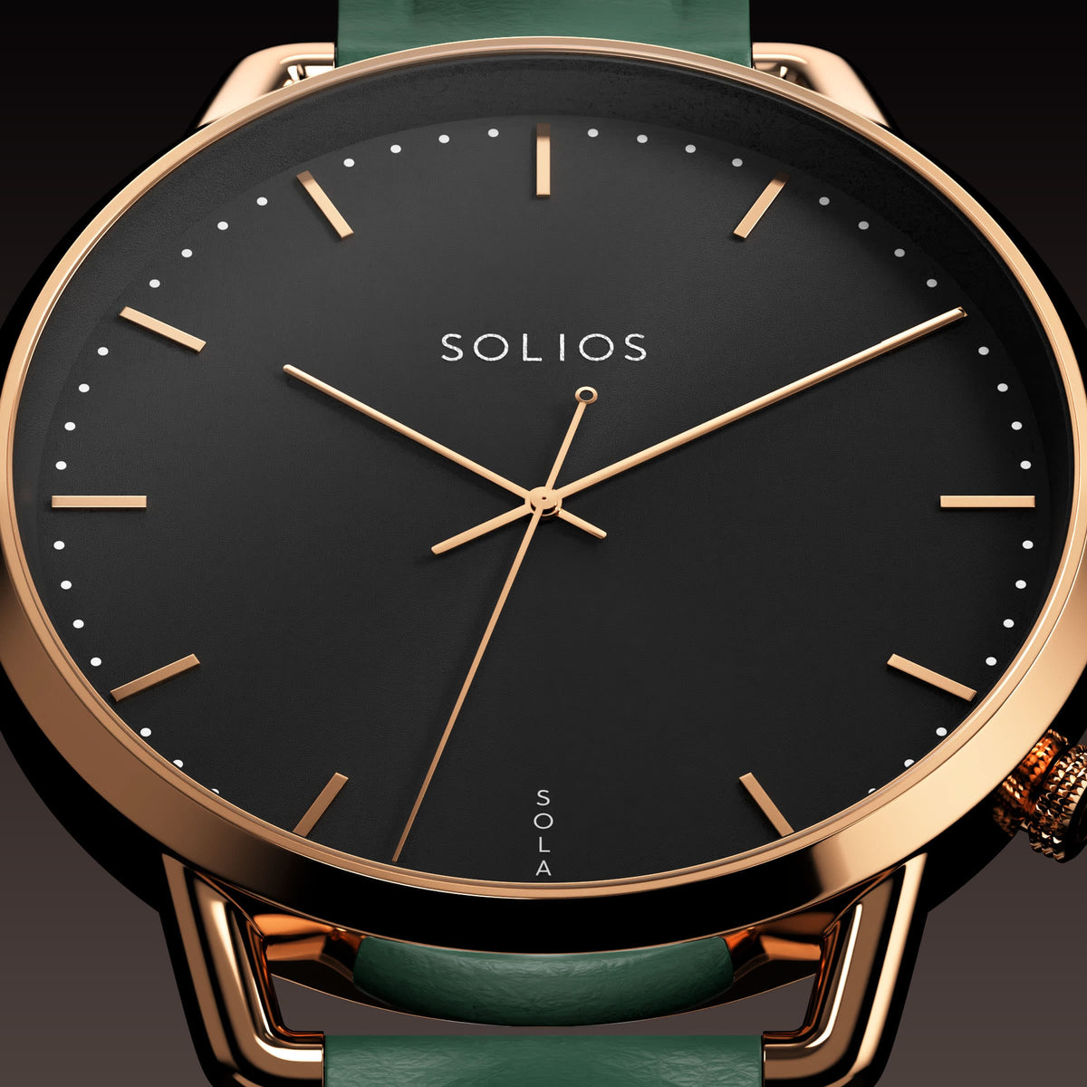 Macro of the Solios Solar Curve Mini black dial with slim rose gold indices and domed sapphire crystal