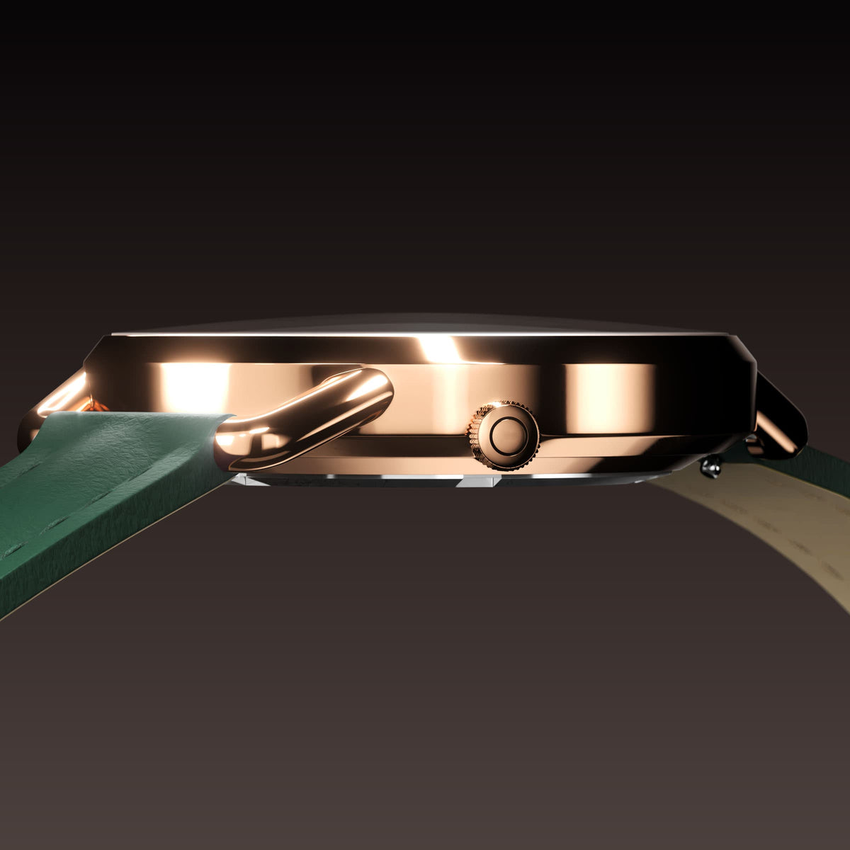 Low-angle view of the Solar Curve Mini 32mm rose gold case and crown with a green eco vegan leather strap